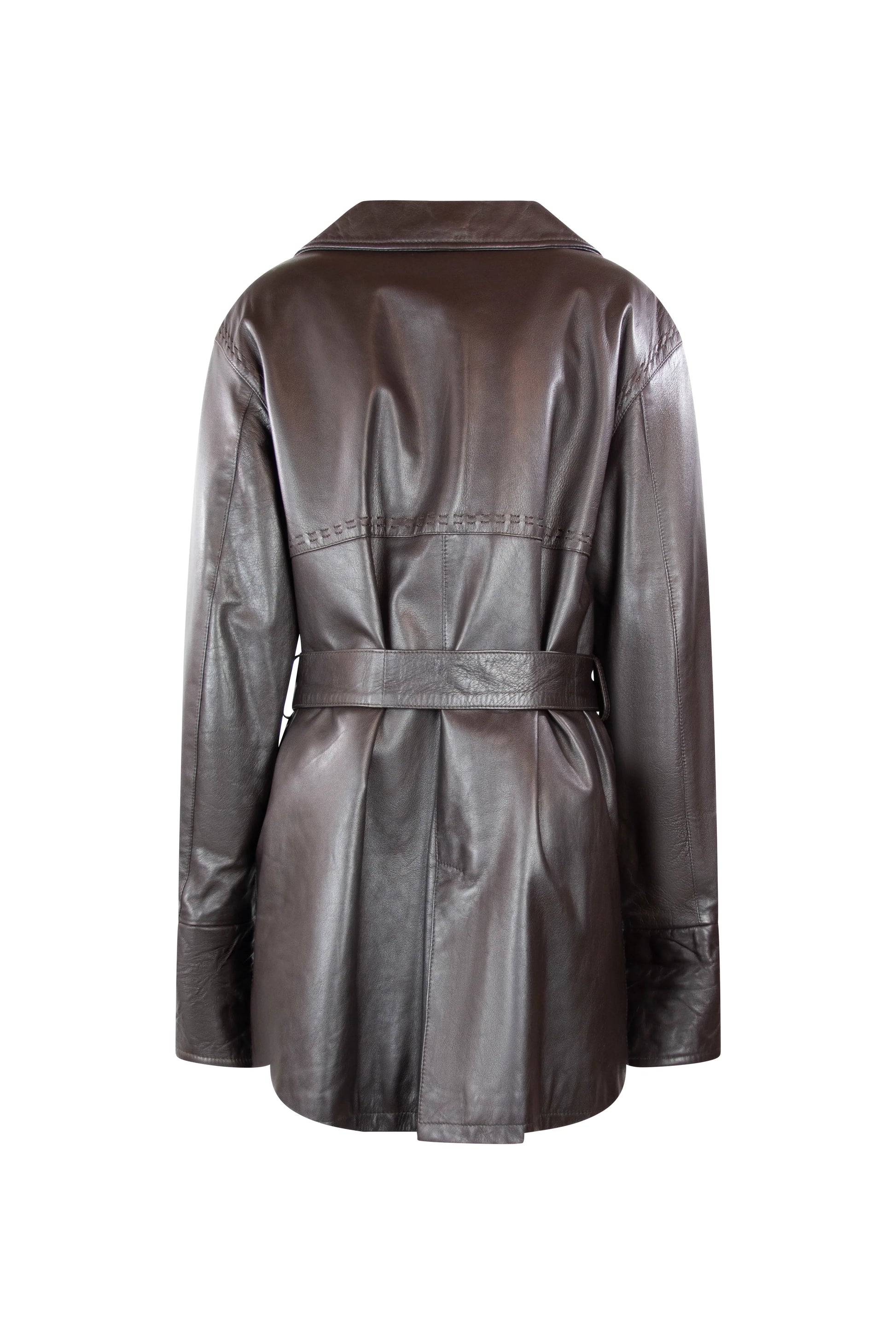 Vintage Dark Brown Leather Coat with Waist Belt