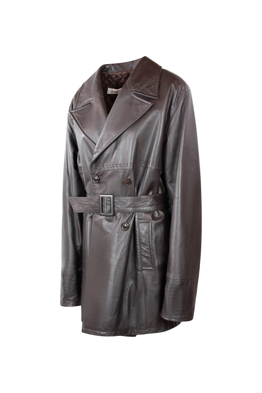 Vintage Dark Brown Leather Coat with Waist Belt