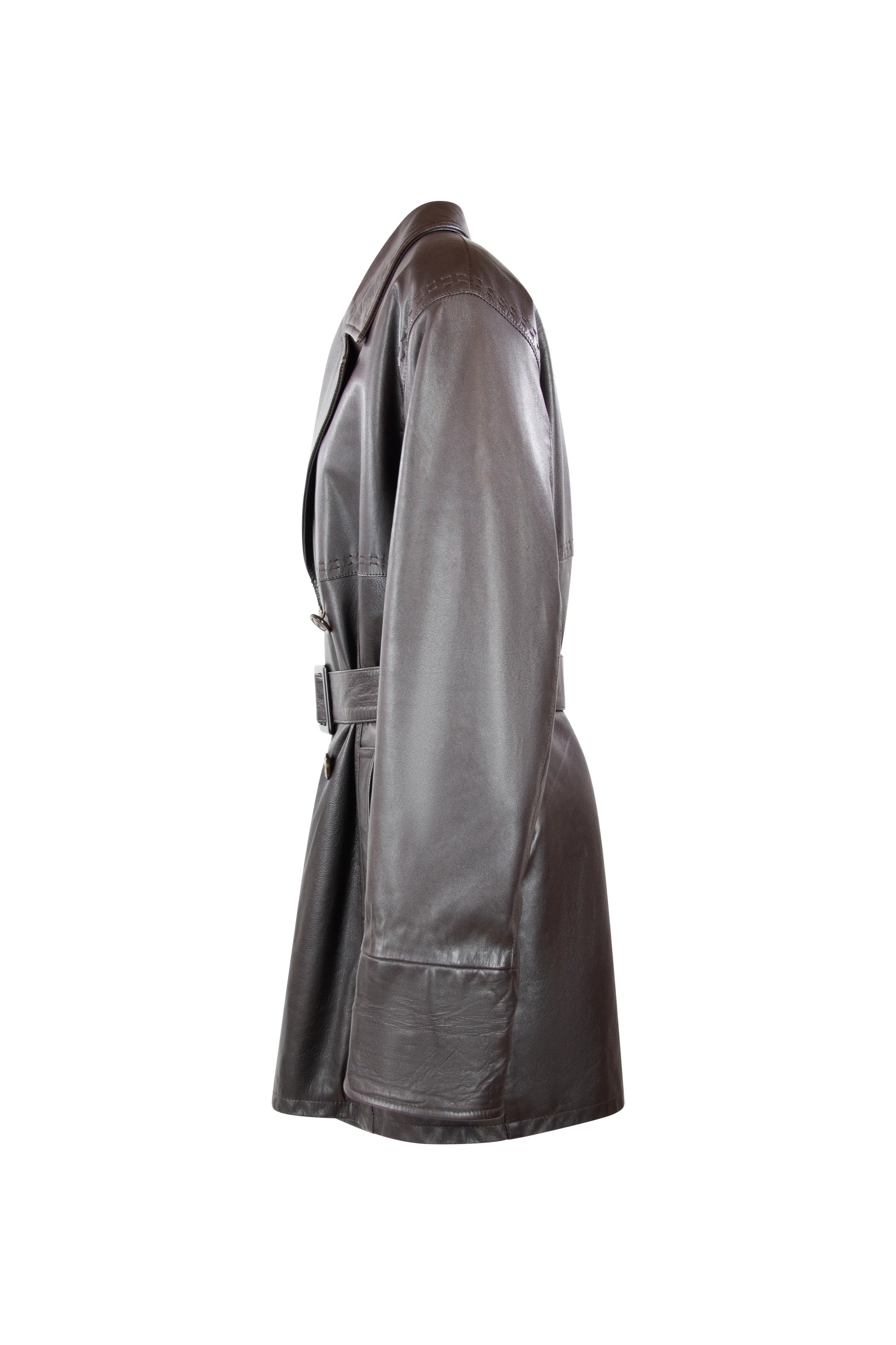Vintage Dark Brown Leather Coat with Waist Belt