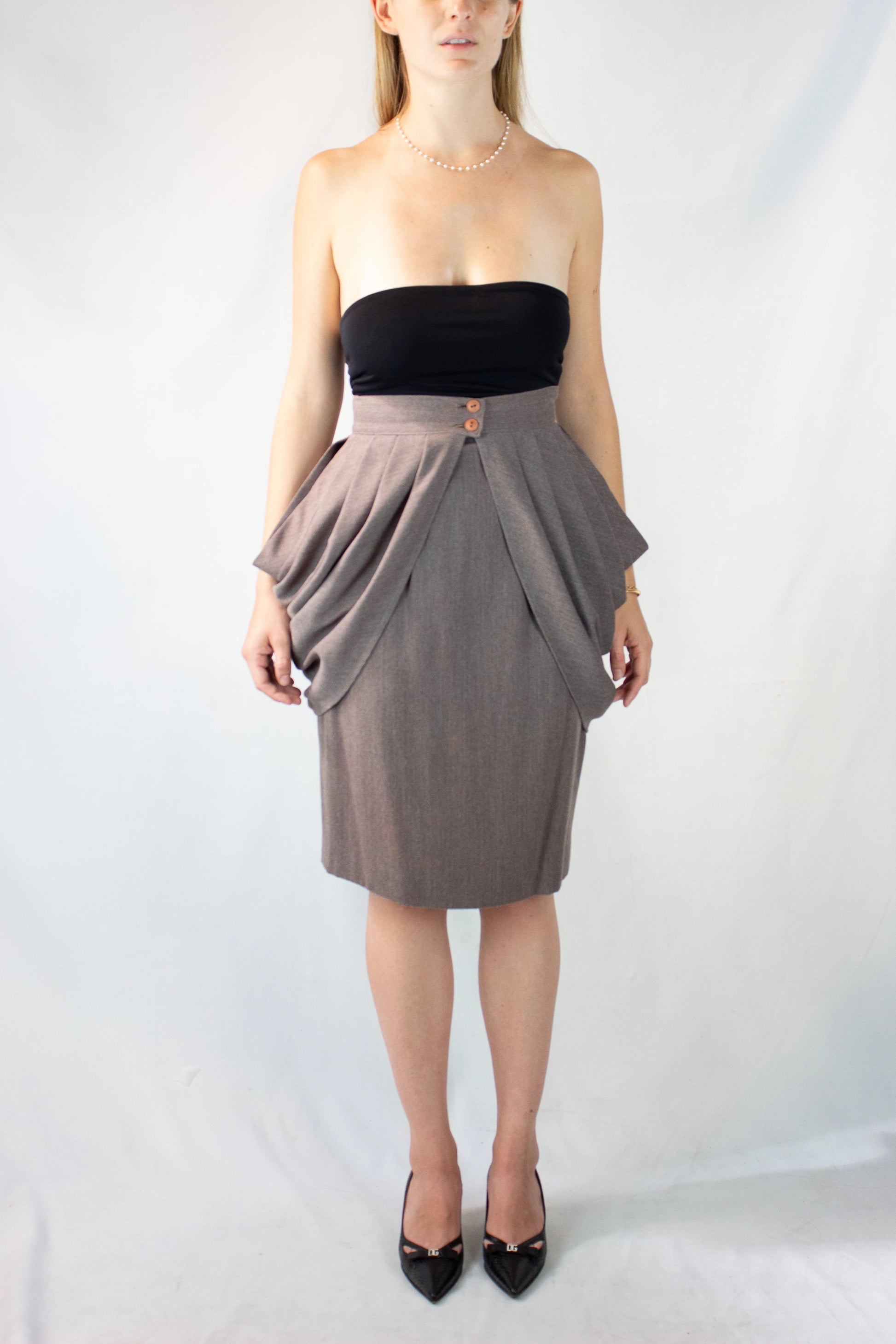 Wool Pencil Skirt with Peplum Belt Detail
