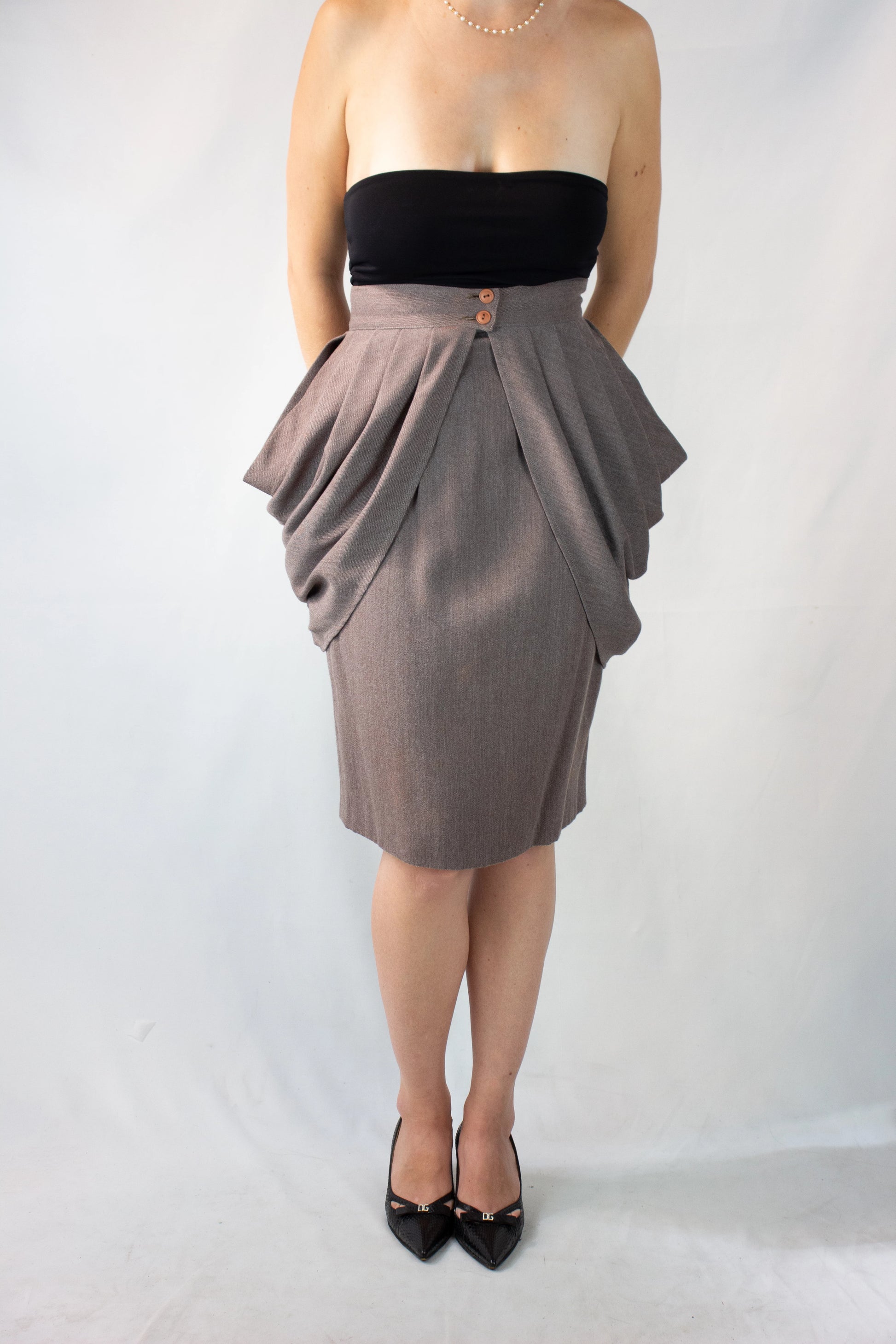Wool Pencil Skirt with Peplum Belt Detail