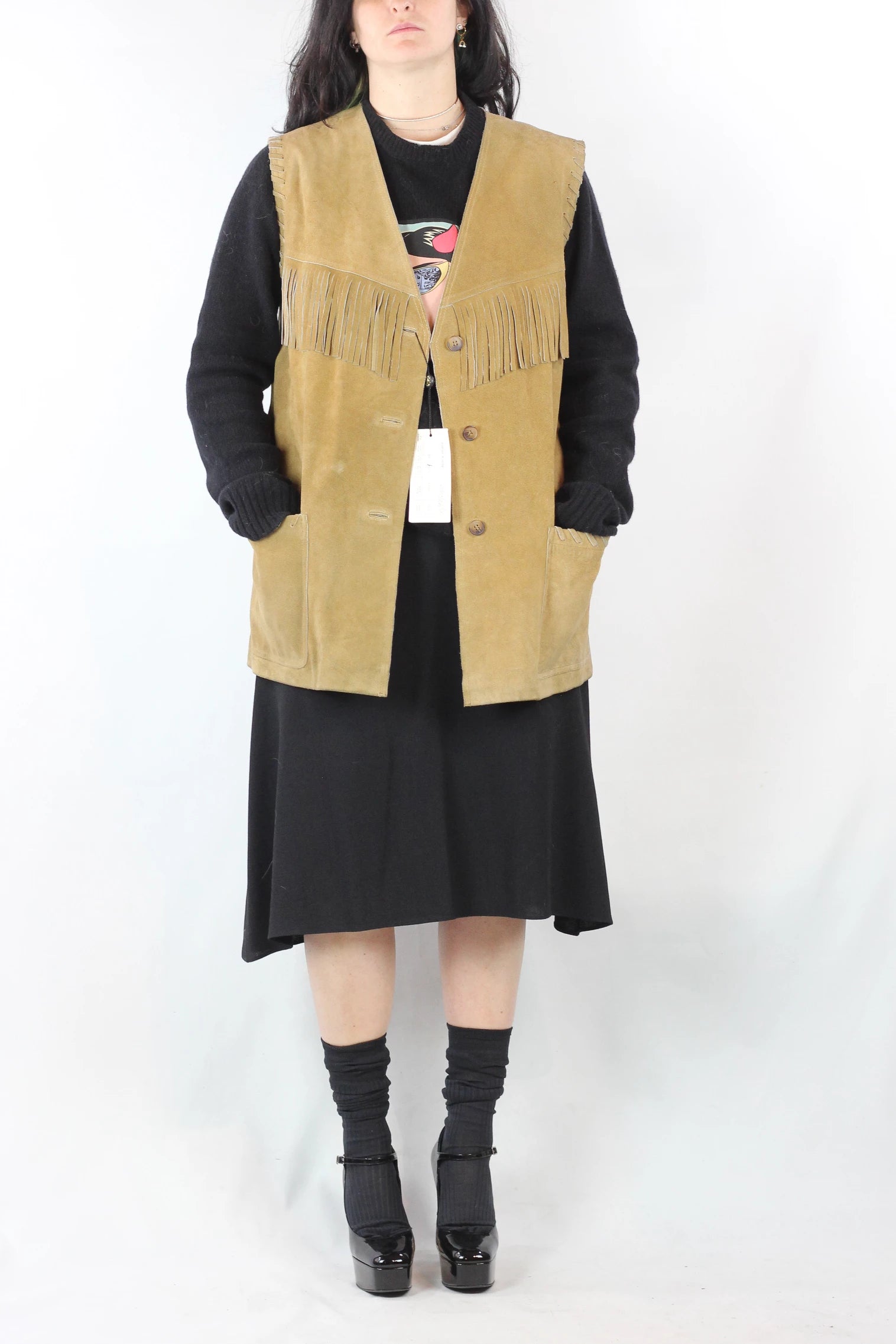 Oversized Beige Suede Vest with Fringes