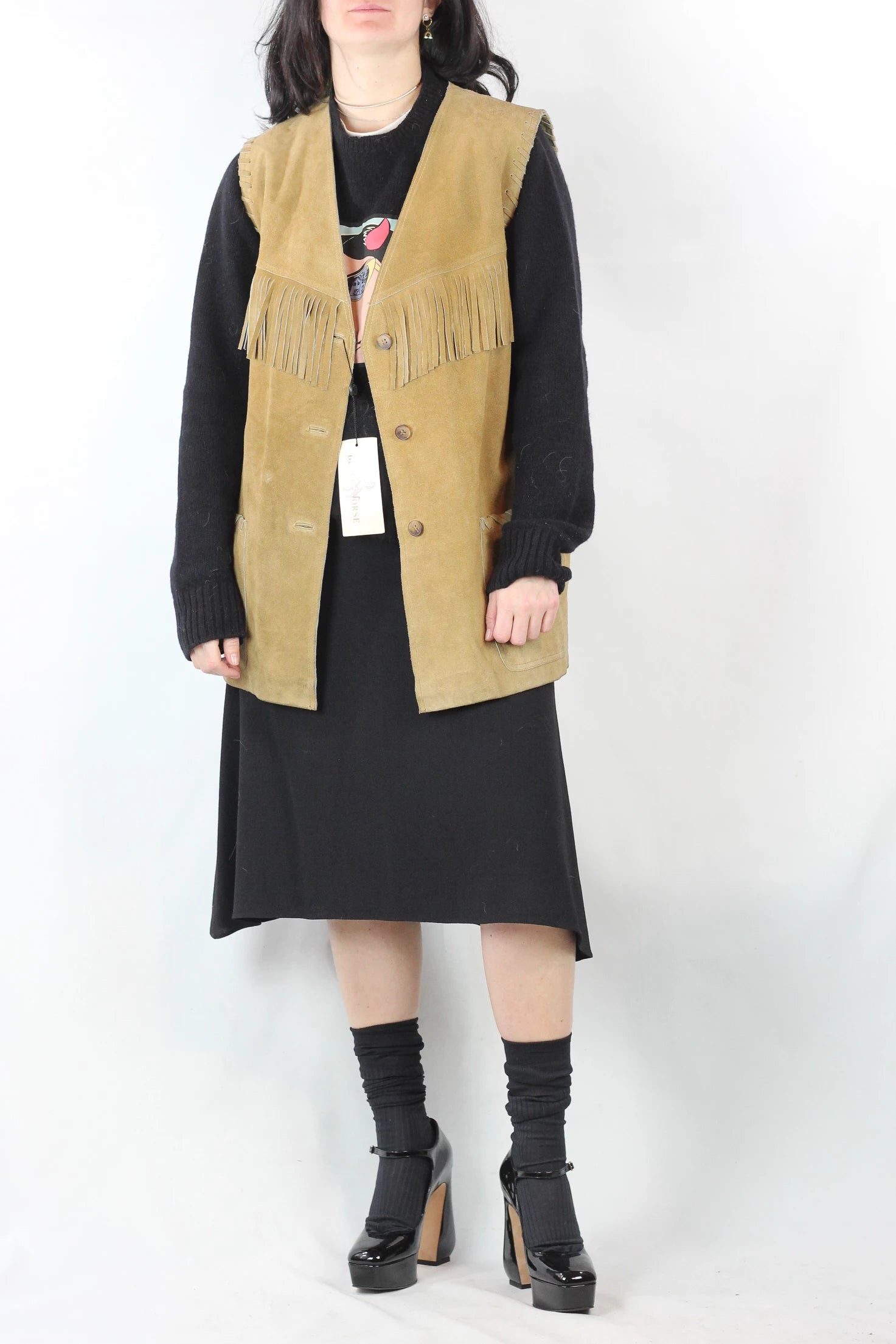 Oversized Beige Suede Vest with Fringes