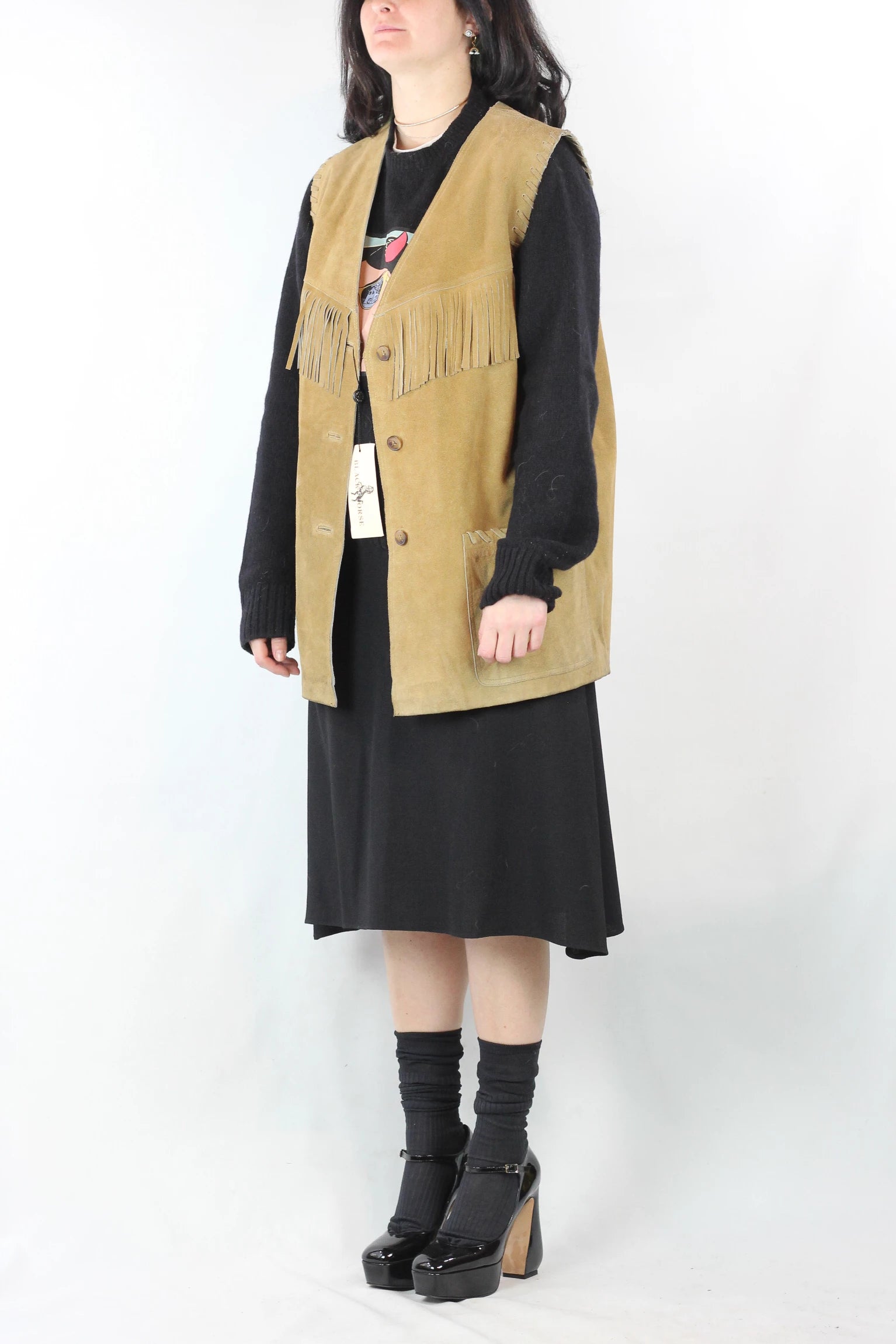 Oversized Beige Suede Vest with Fringes