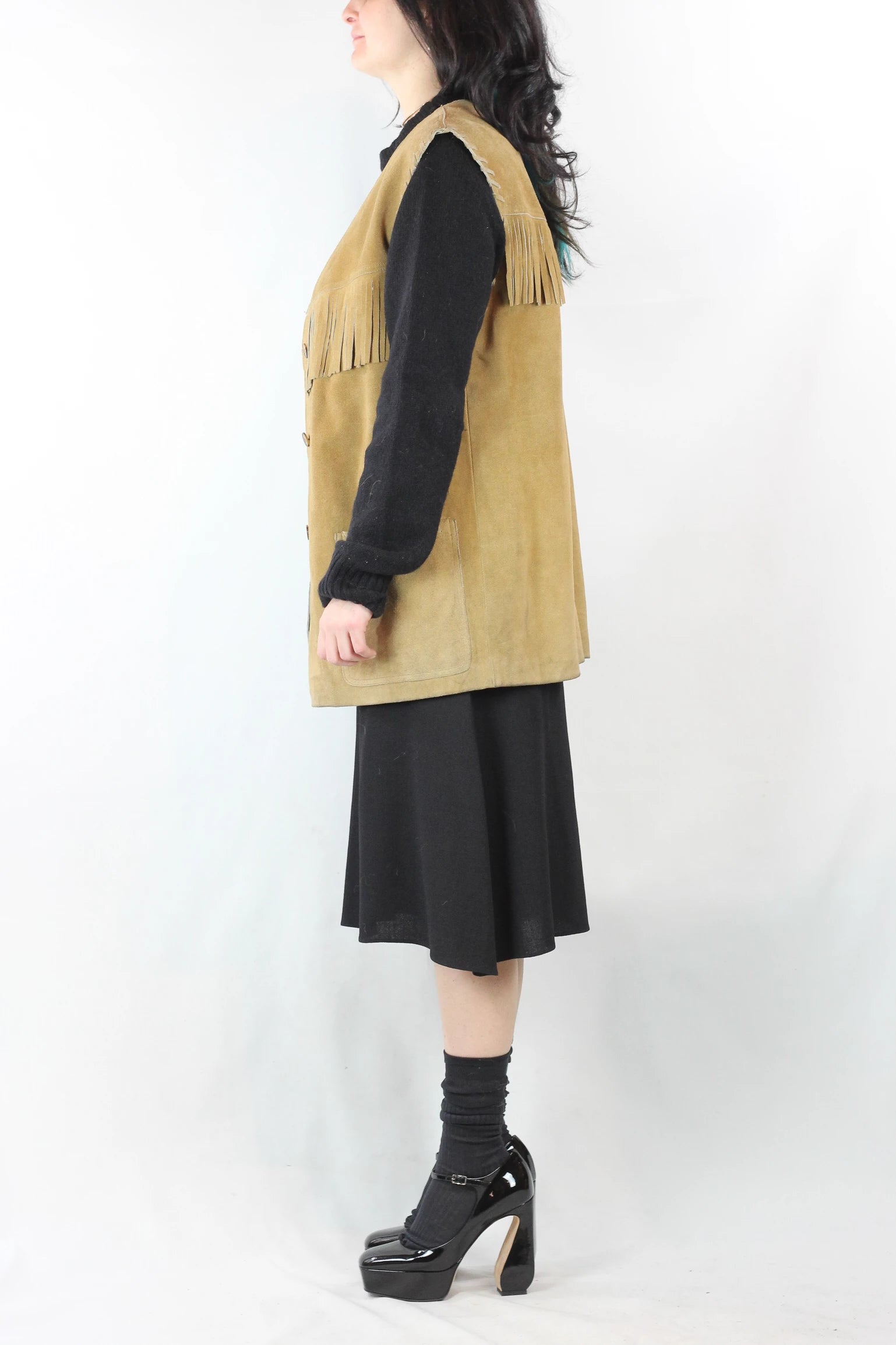 Oversized Beige Suede Vest with Fringes