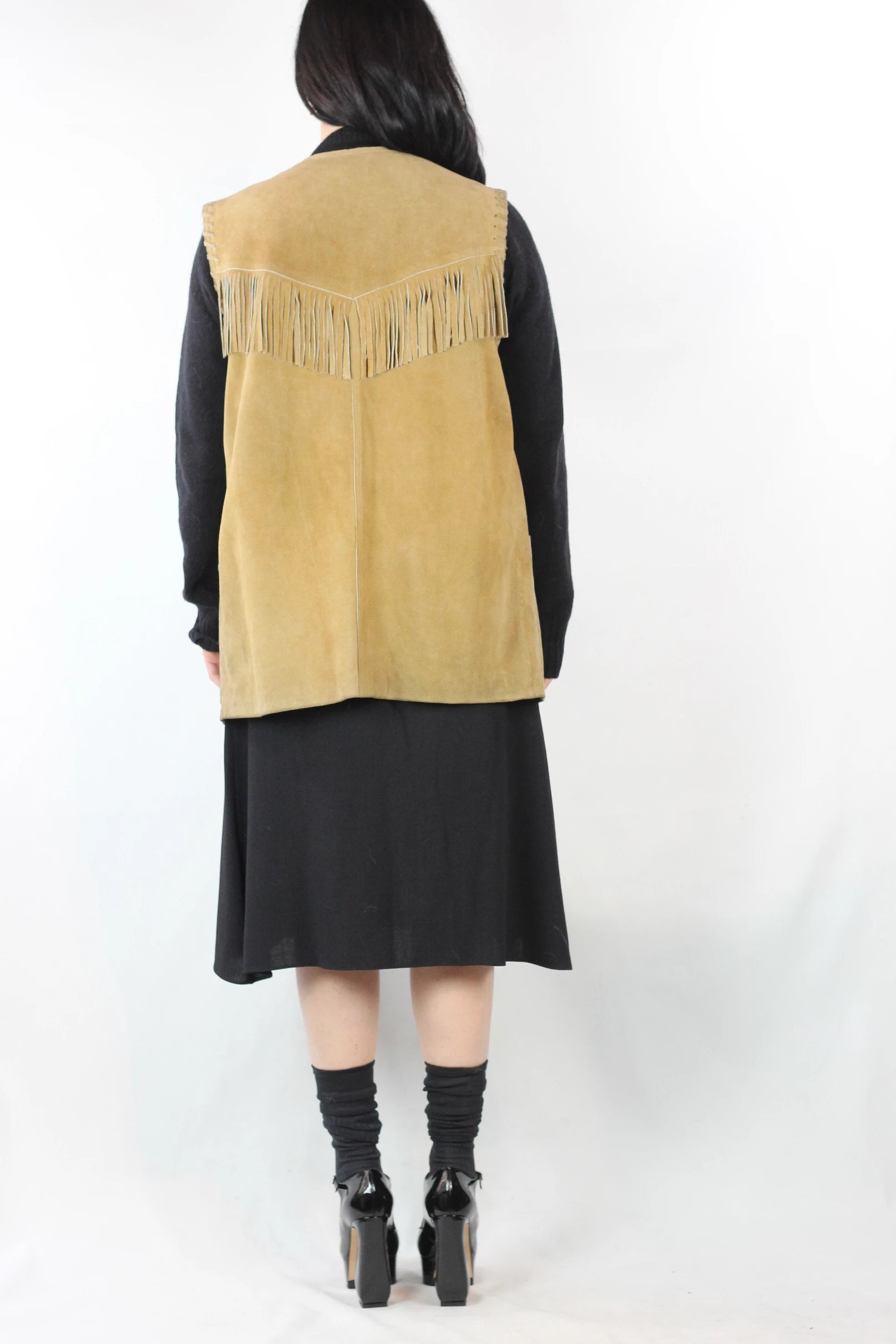 Oversized Beige Suede Vest with Fringes