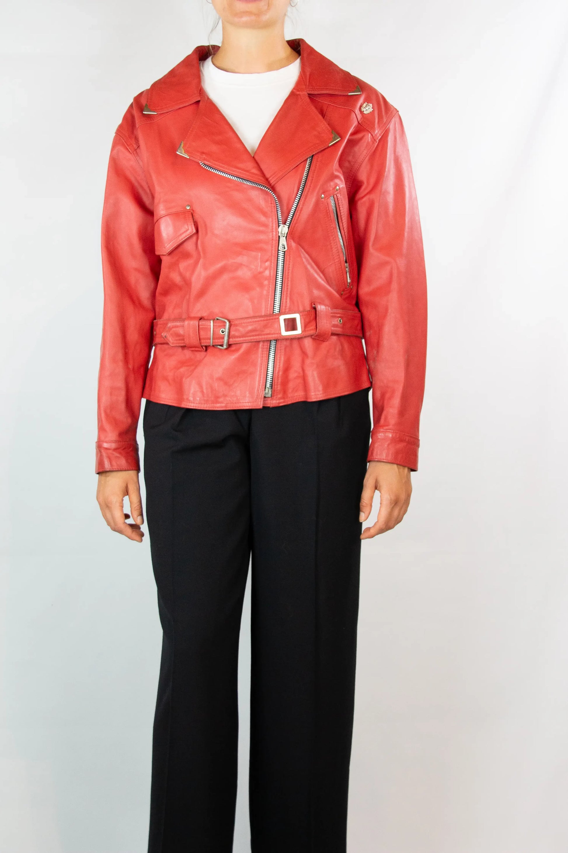 Red Vintage Leather Moto Chiodo Jacket