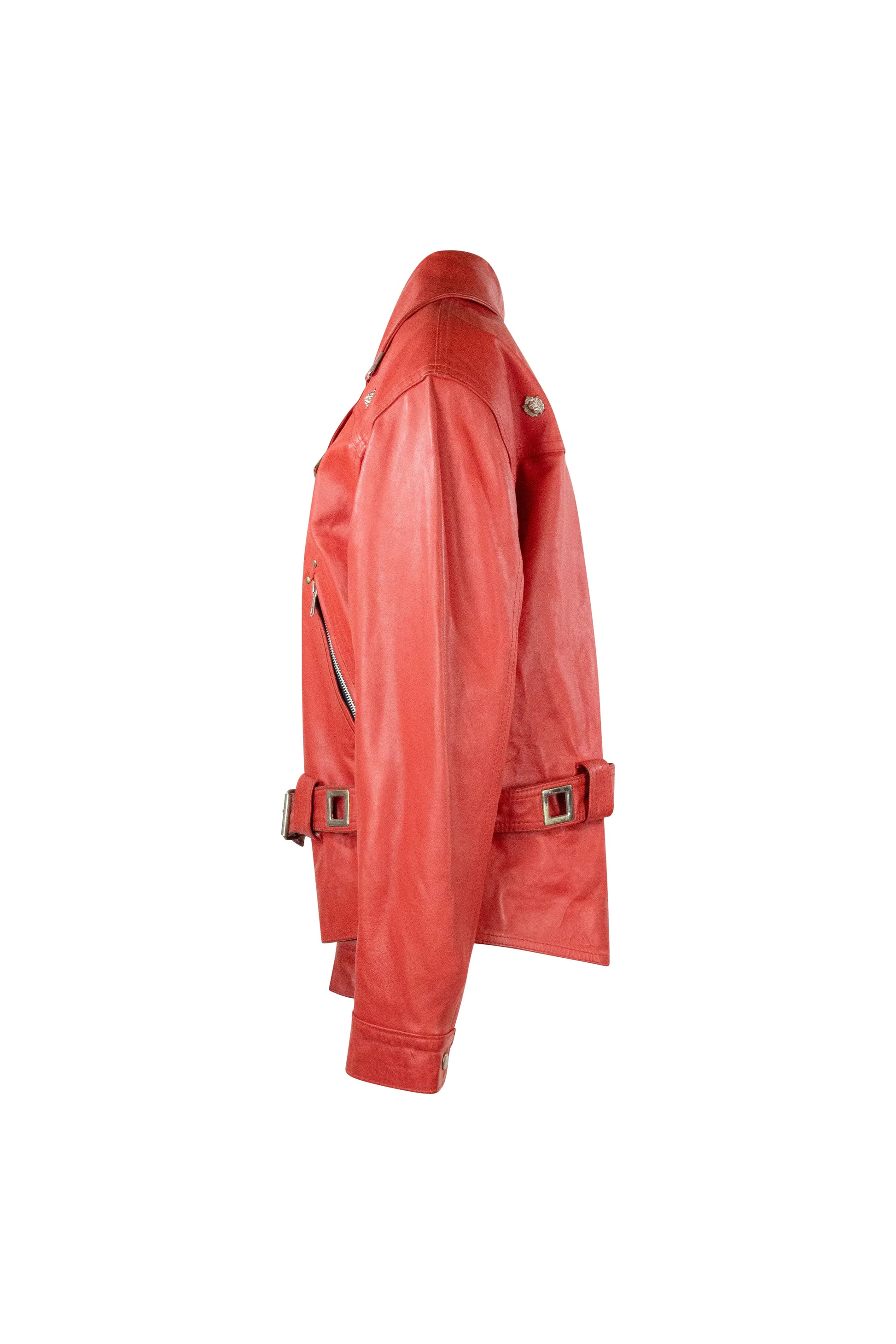 Red Vintage Leather Moto Chiodo Jacket