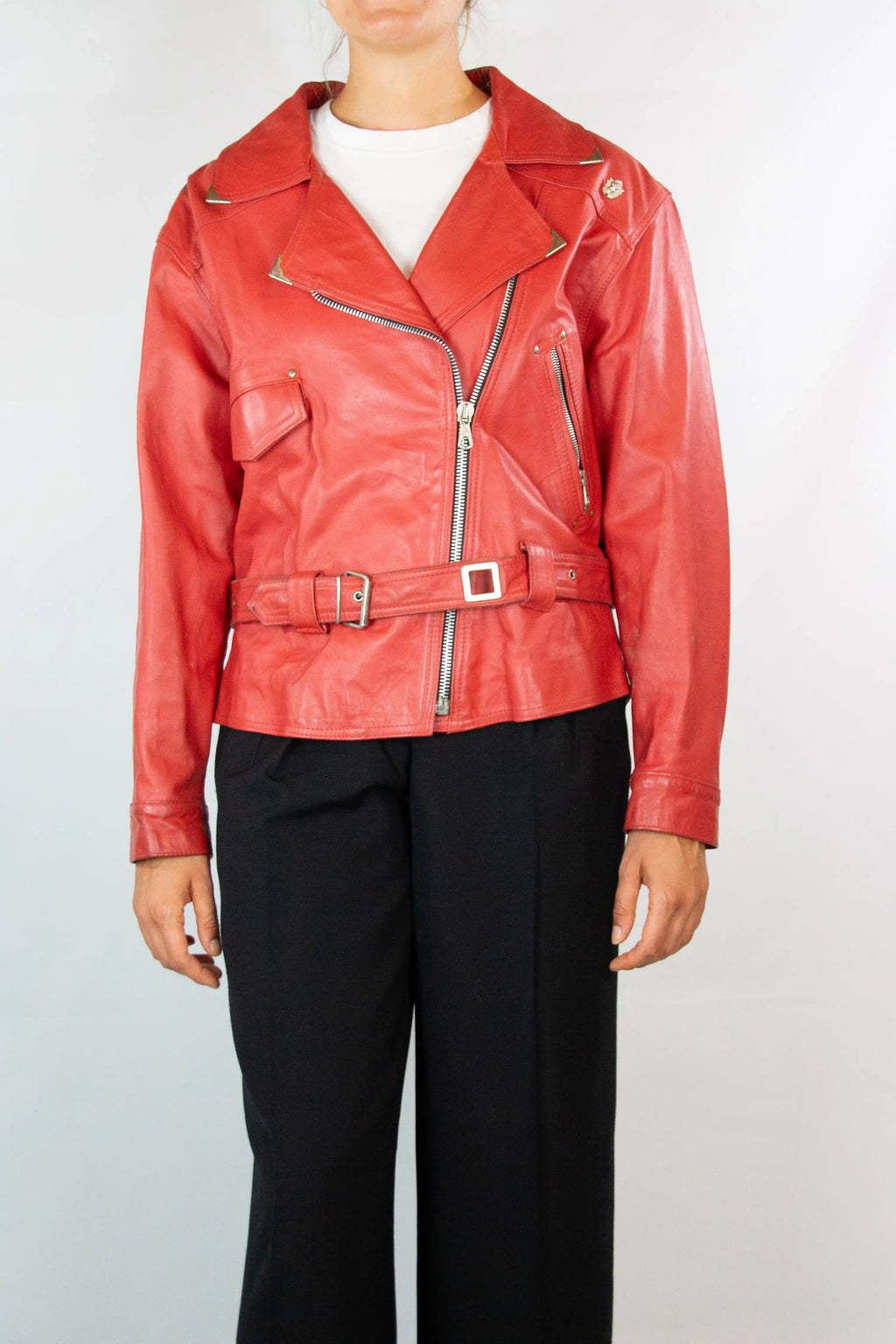 Red Vintage Leather Moto Chiodo Jacket