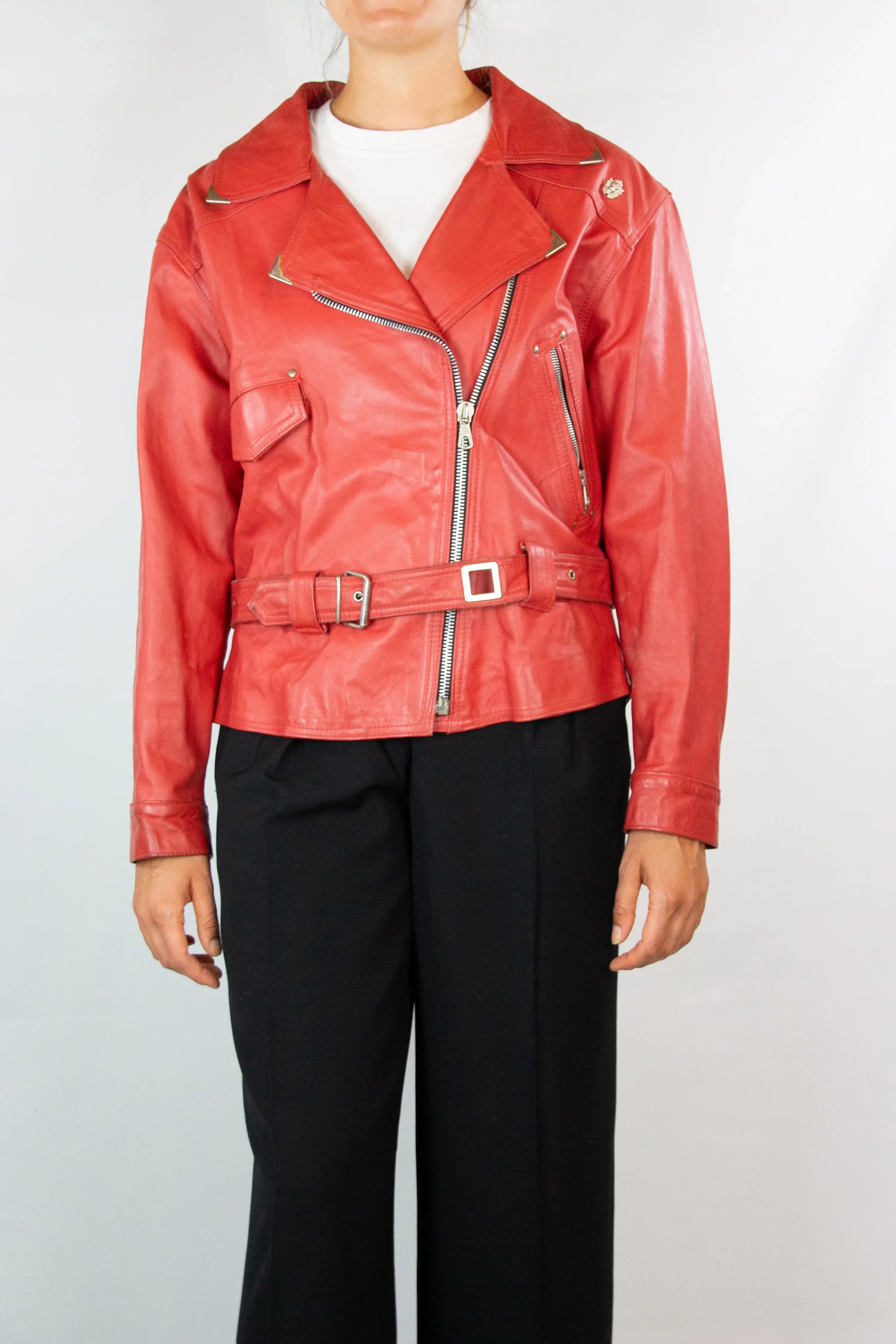 Red Vintage Leather Moto Chiodo Jacket