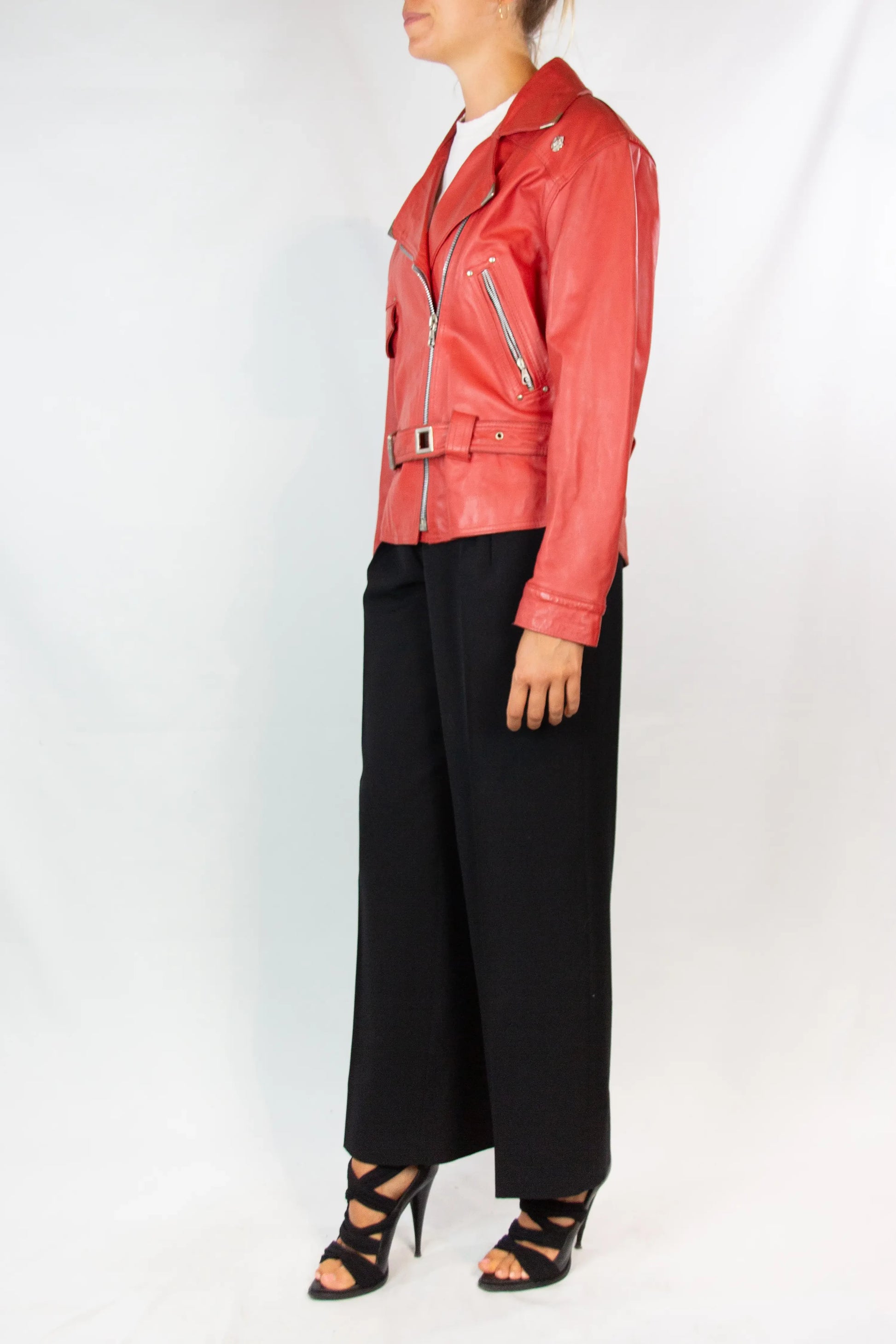 Red Vintage Leather Moto Chiodo Jacket