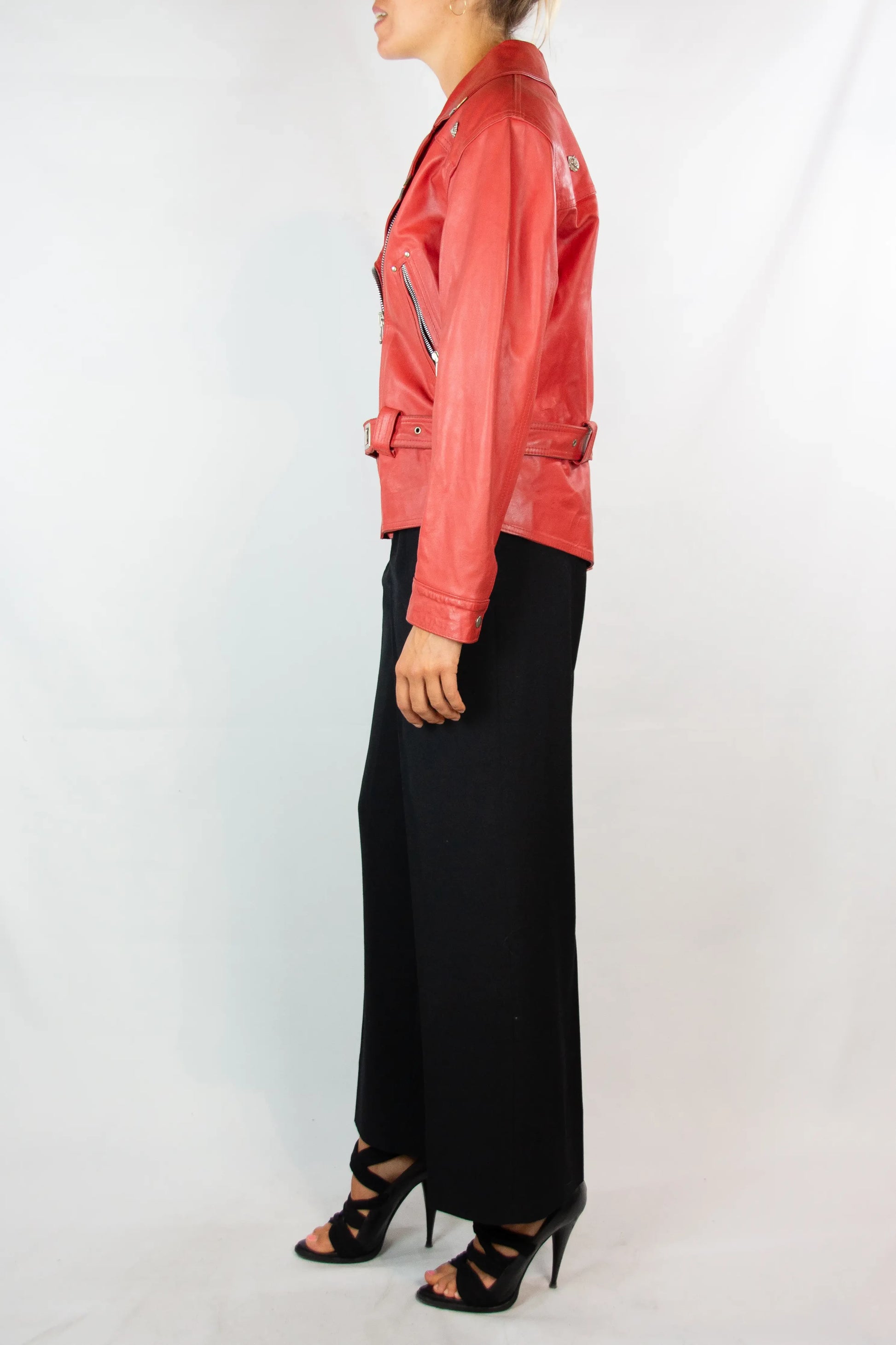 Red Vintage Leather Moto Chiodo Jacket