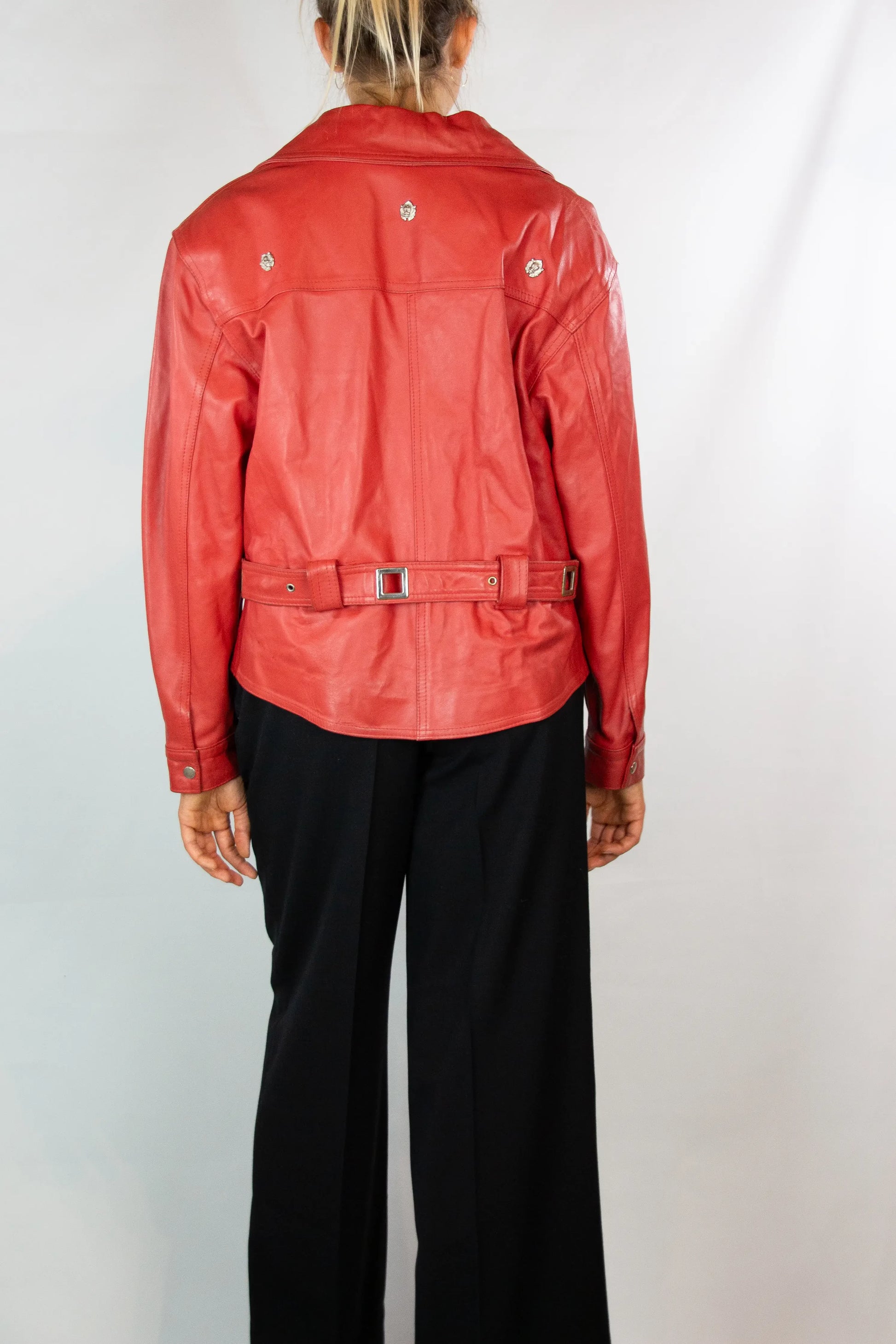 Red Vintage Leather Moto Chiodo Jacket