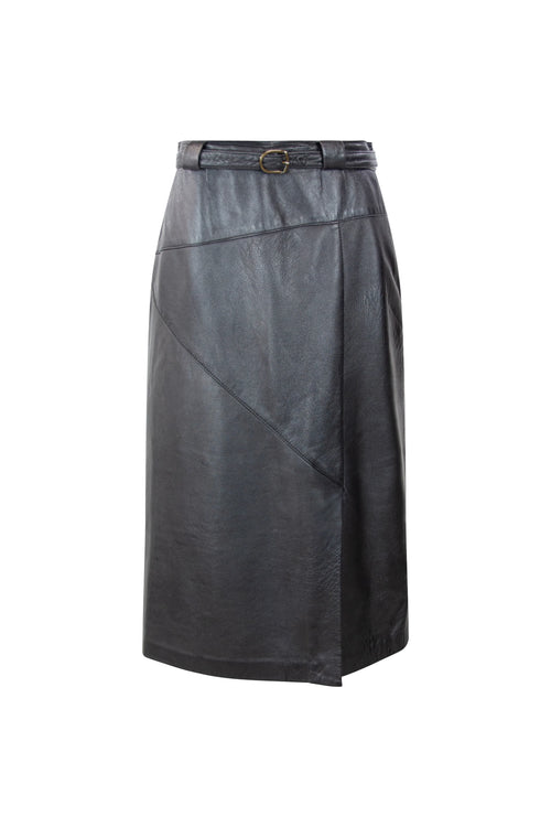 A-line leather skirt with high waist belt and inlay detailing