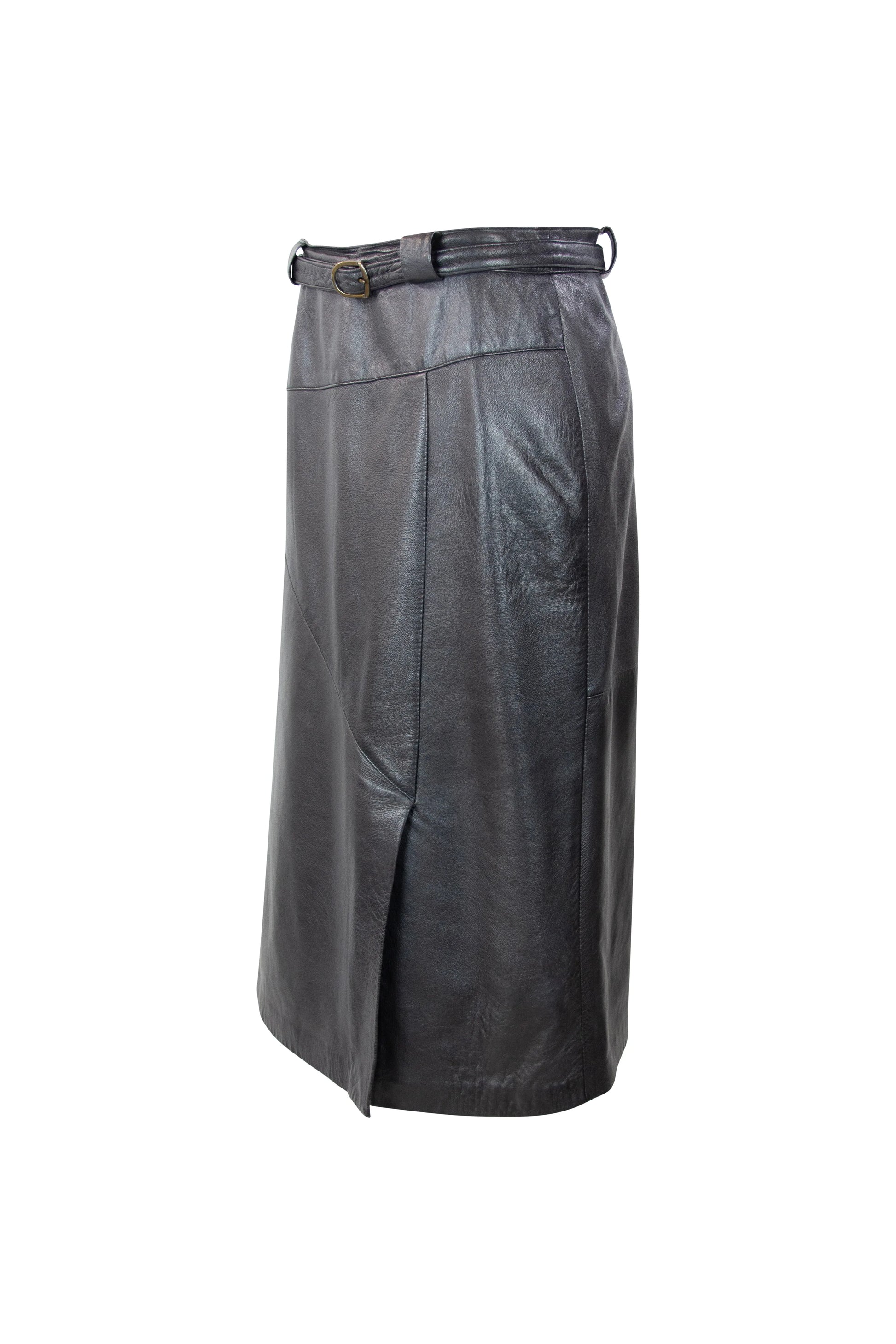 A-line leather skirt with high waist belt and inlay detailing