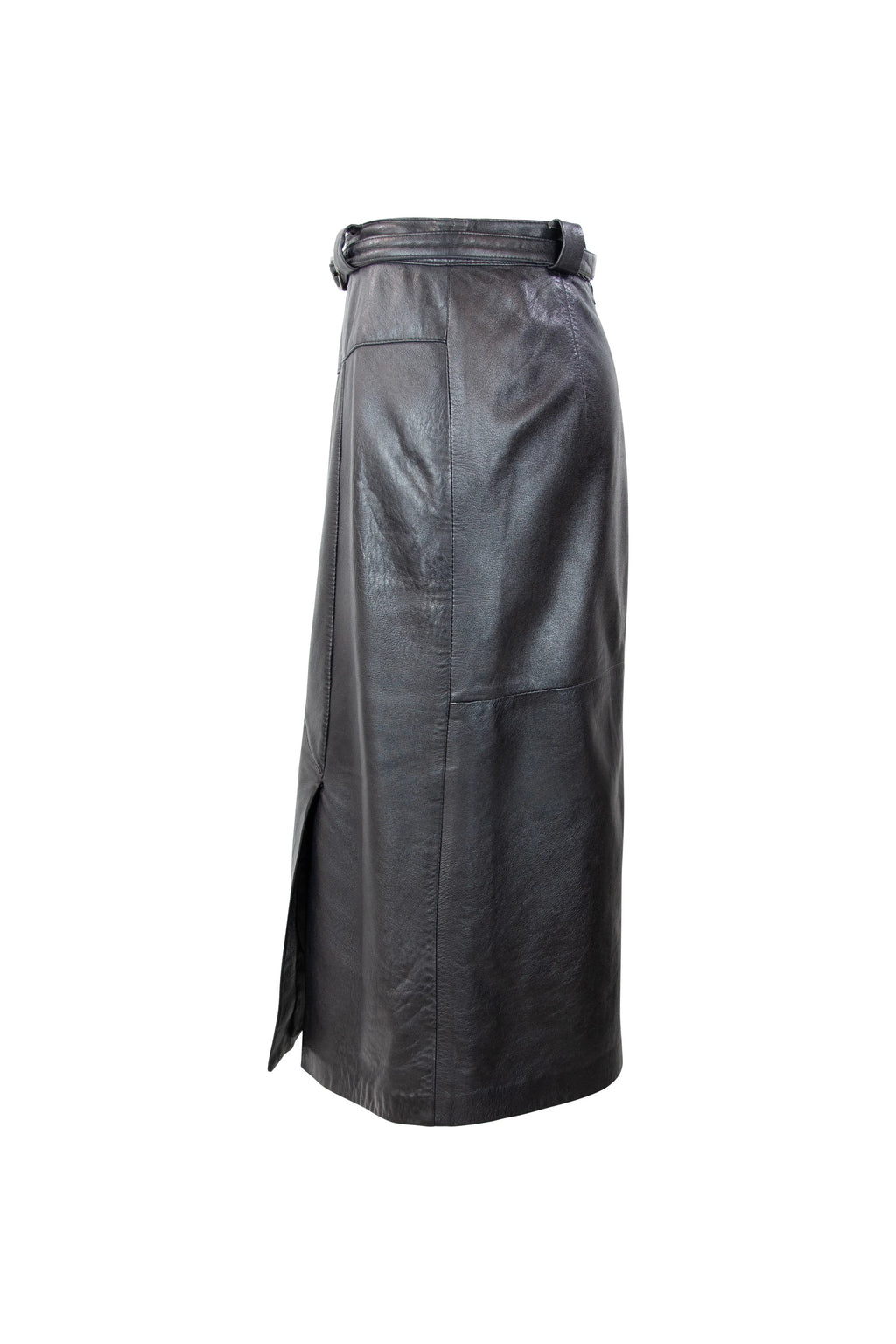 A-line leather skirt with high waist belt and inlay detailing