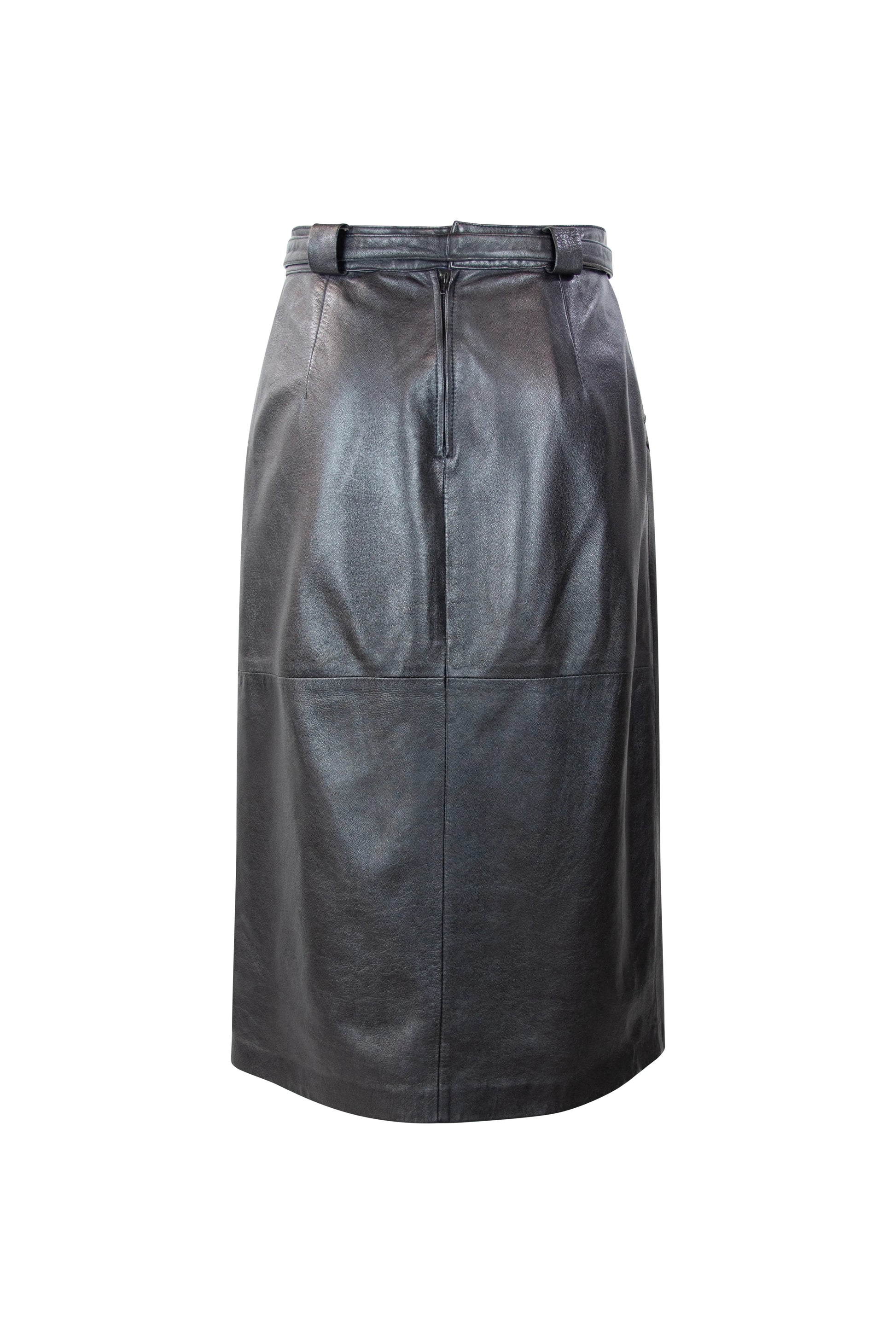 A-line leather skirt with high waist belt and inlay detailing