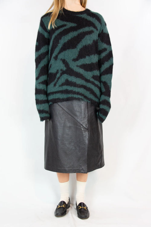A-line leather skirt with high waist belt and inlay detailing