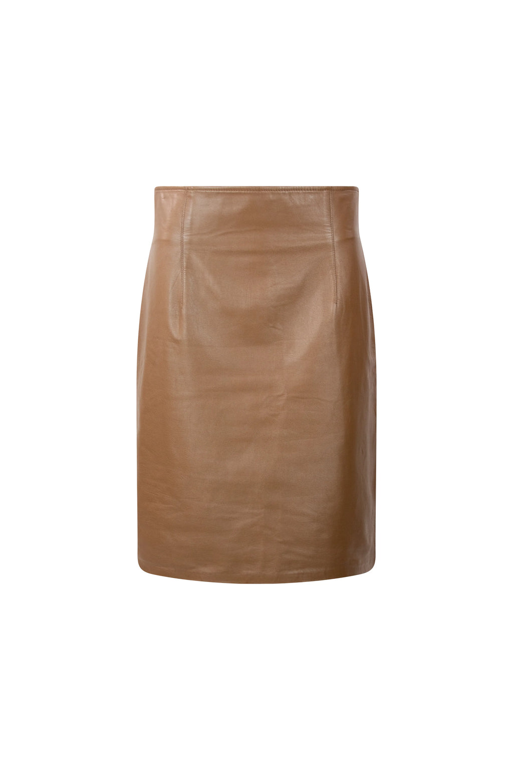 Light brown high-waist midi leather skirt with sleek silhouette