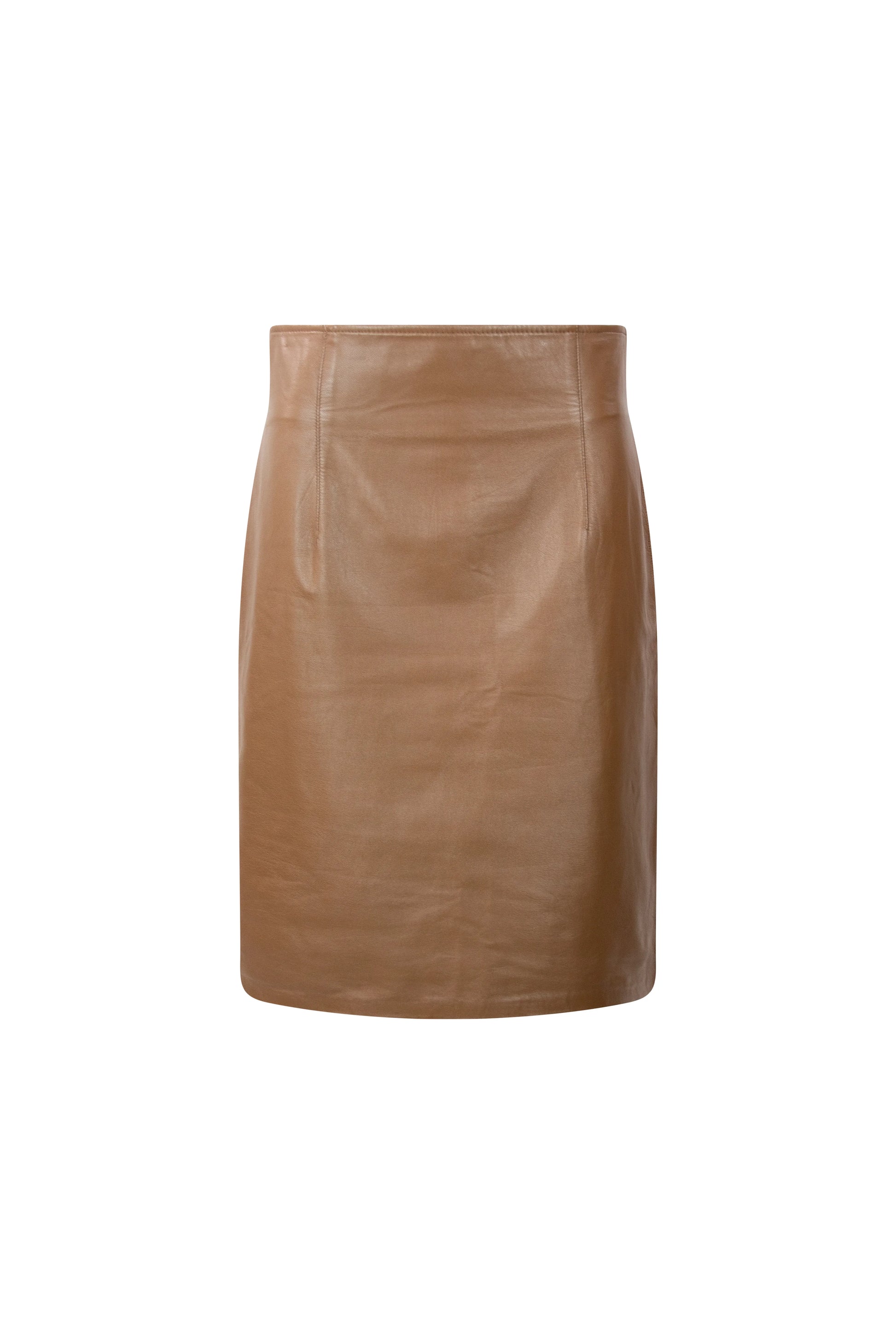 Light brown high-waist midi leather skirt with sleek silhouette