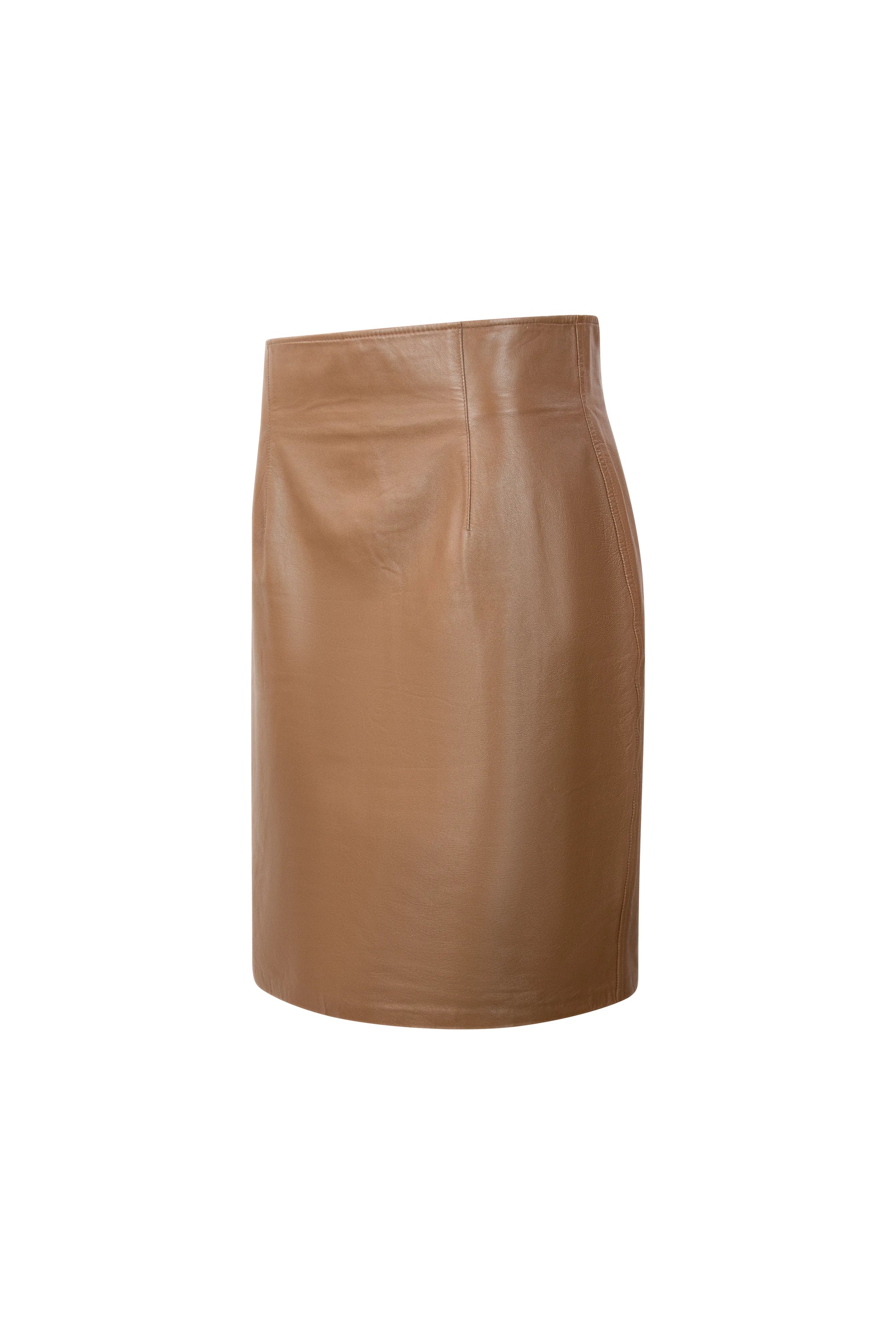 Light brown high-waist midi leather skirt with sleek silhouette