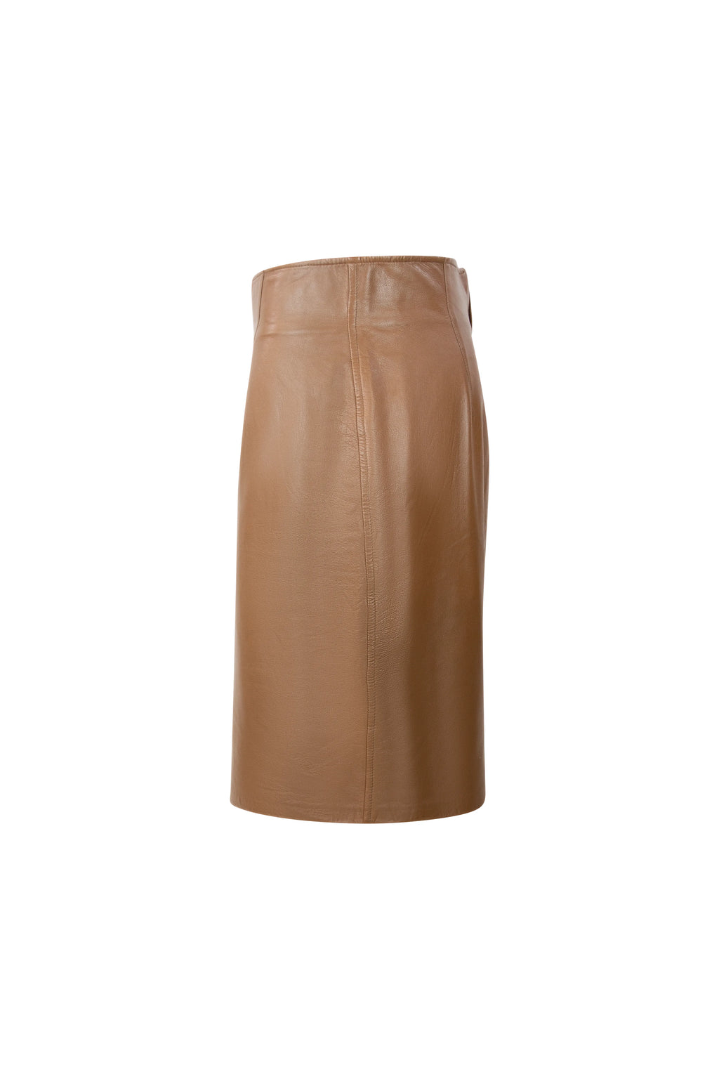 Light brown high-waist midi leather skirt with sleek silhouette