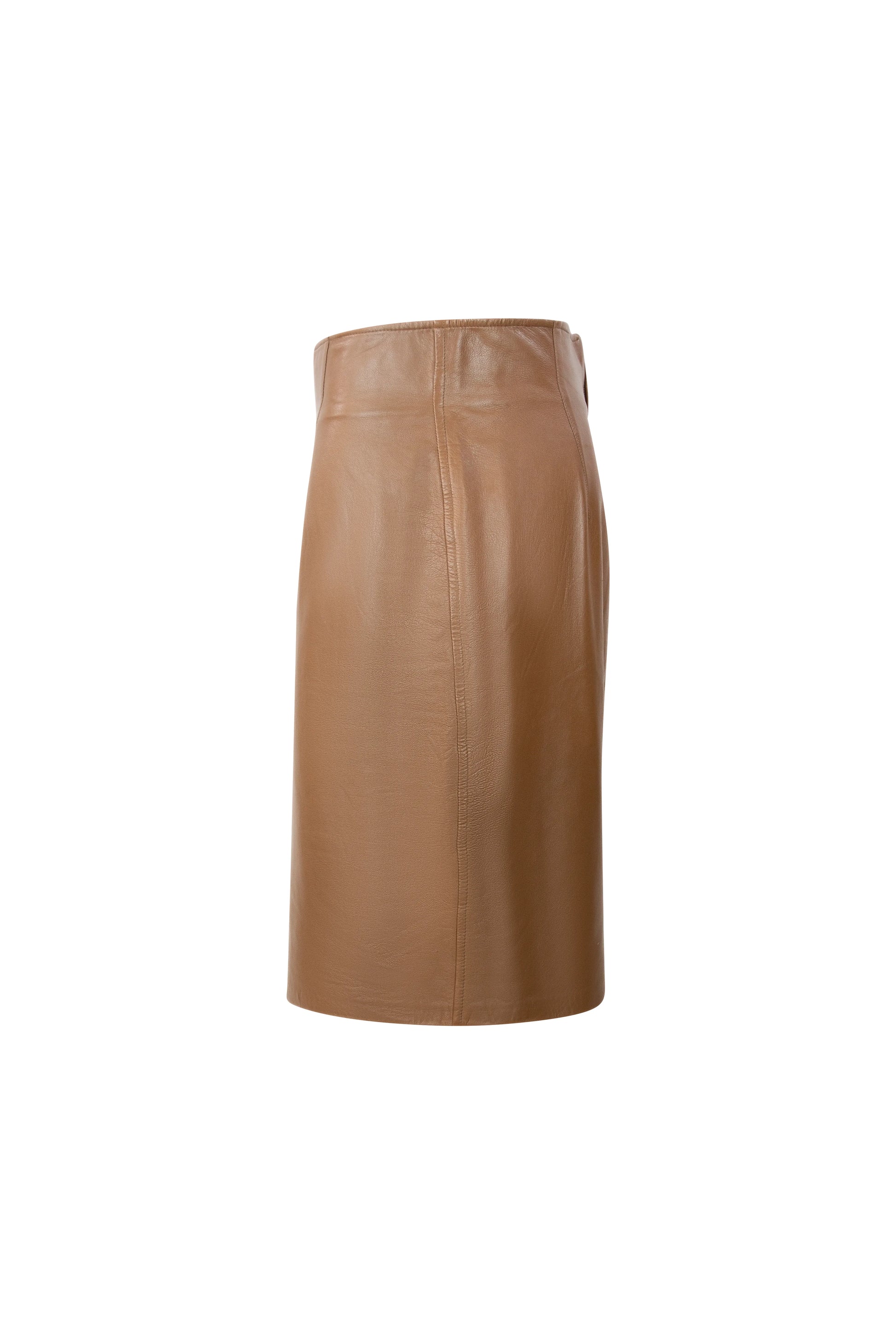 Light brown high-waist midi leather skirt with sleek silhouette