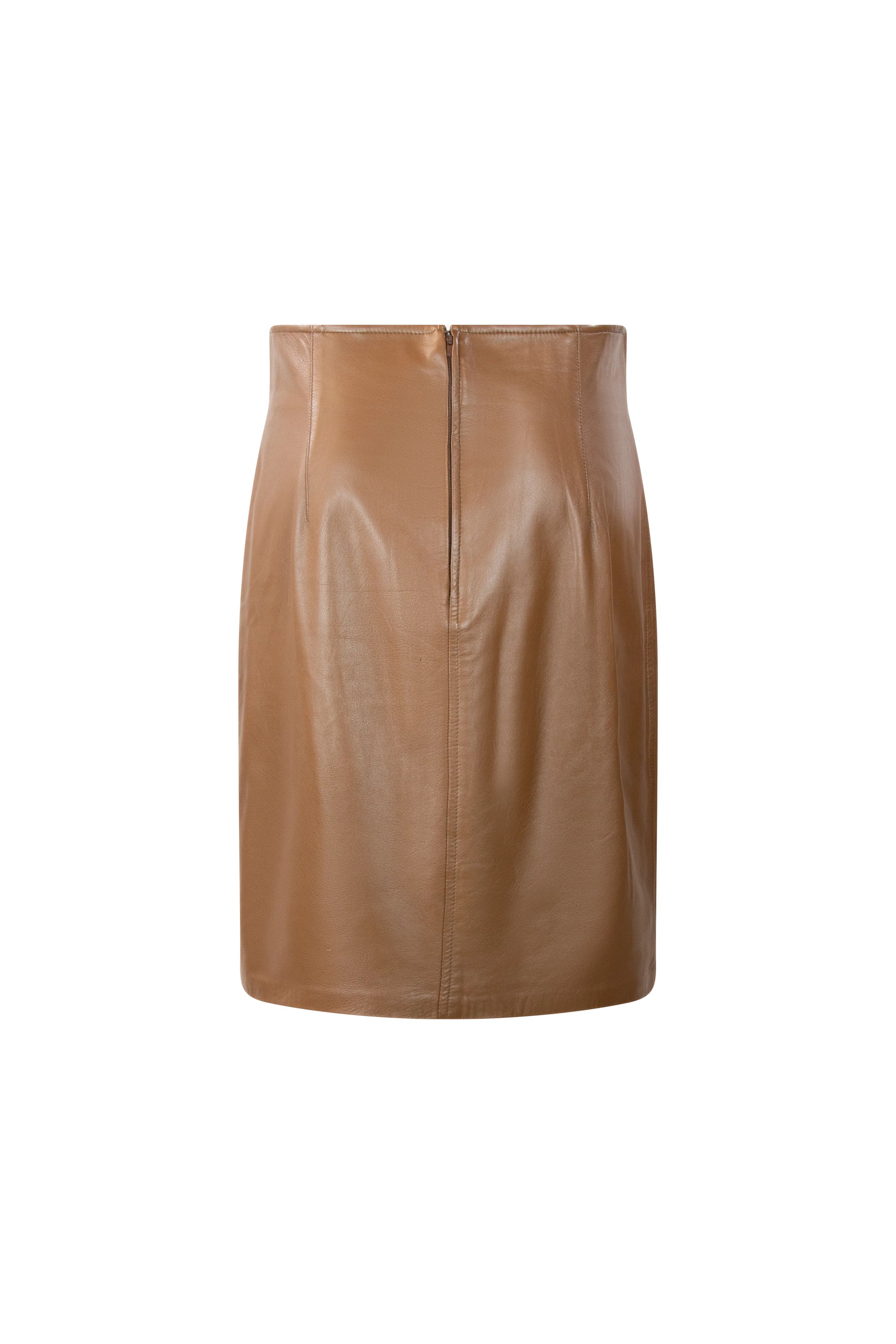 Light brown high-waist midi leather skirt with sleek silhouette