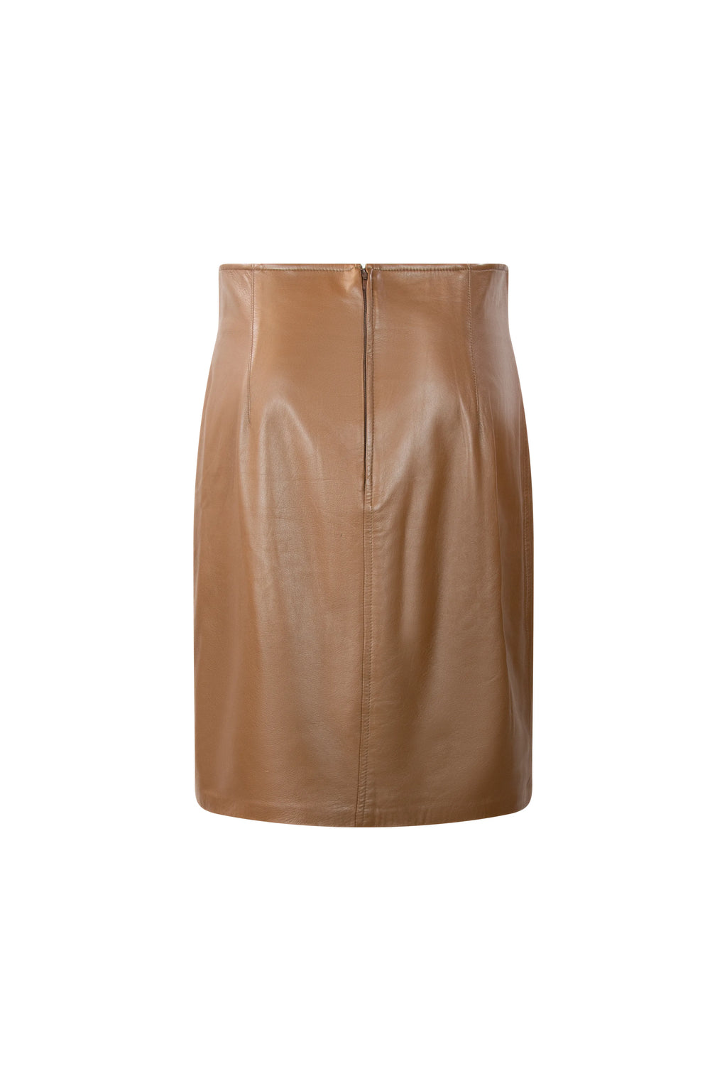 Light brown high-waist midi leather skirt with sleek silhouette