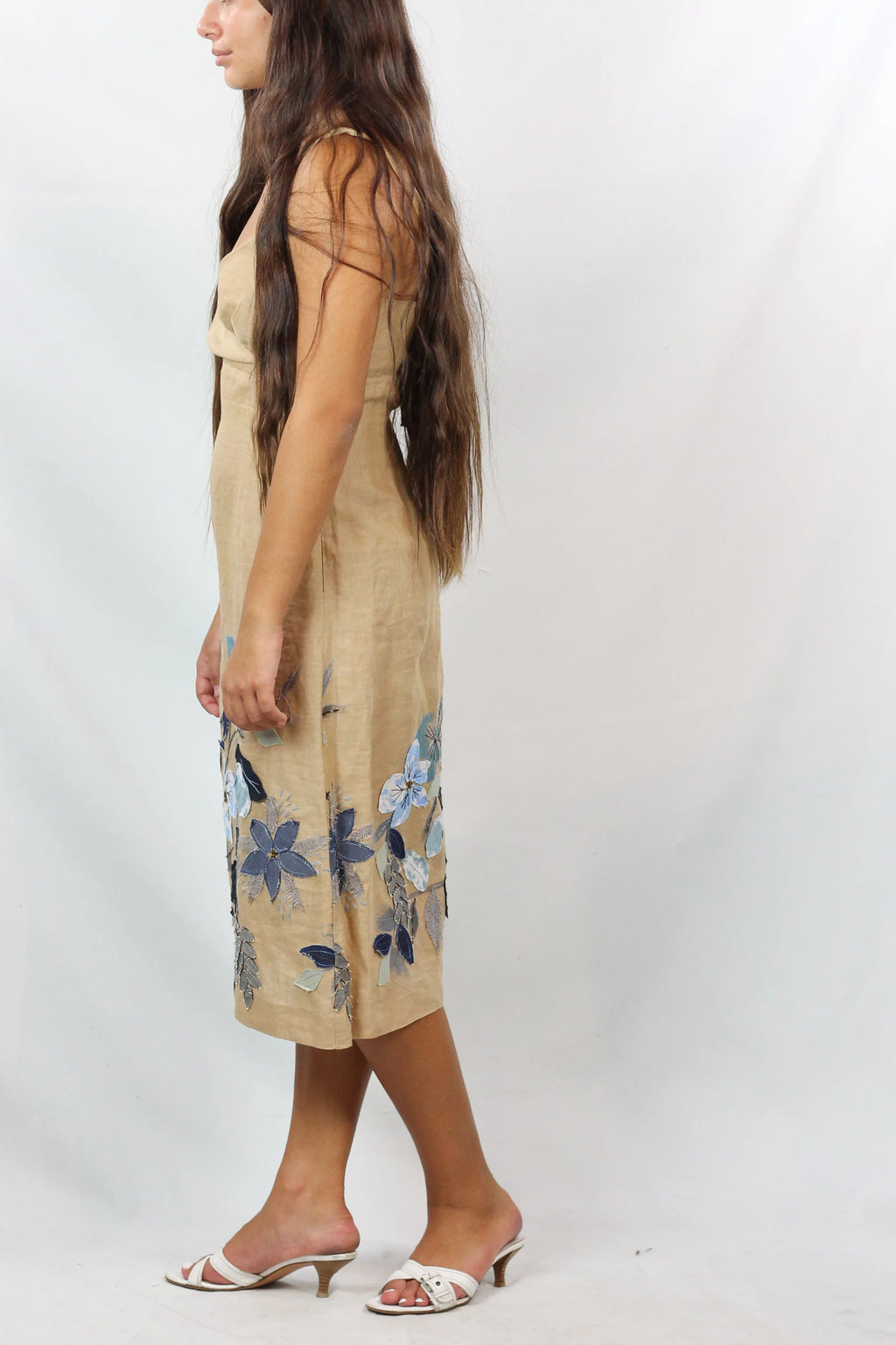 Beige Linen Empire Dress with Blue Floral Embroidery