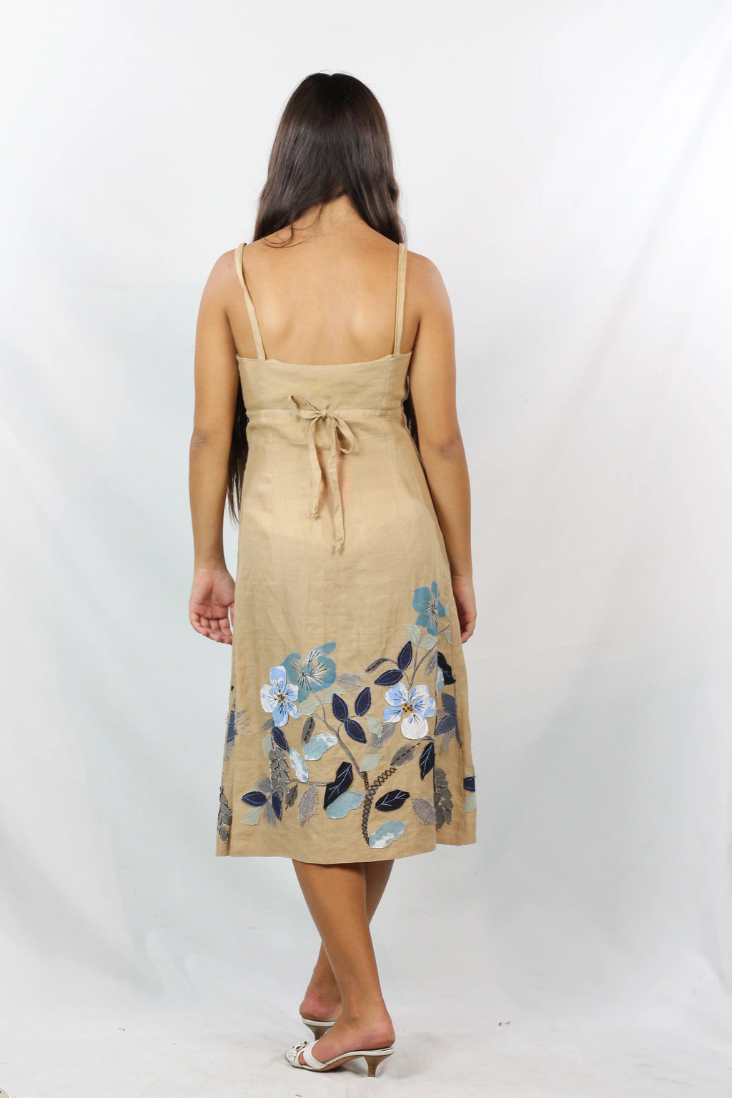 Beige Linen Empire Dress with Blue Floral Embroidery