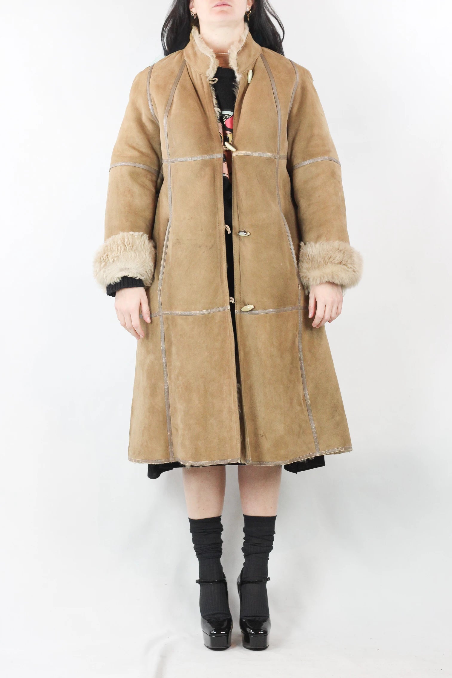Beige Shearling Coat with Long Fur Lining
