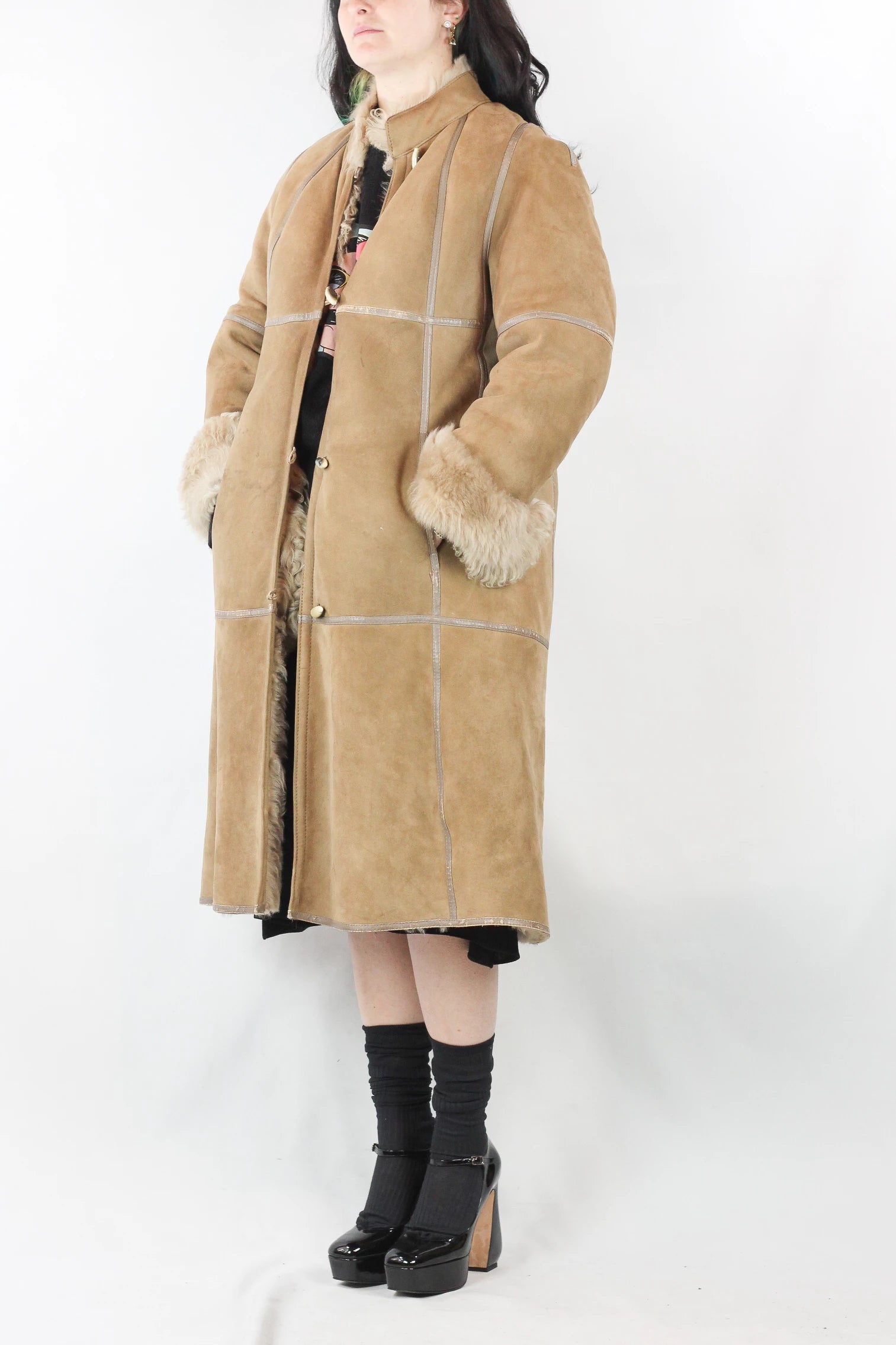 Beige Shearling Coat with Long Fur Lining