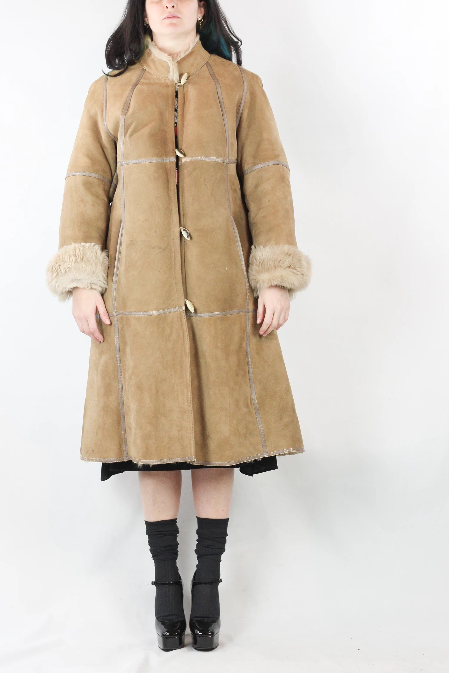 Beige Shearling Coat with Long Fur Lining