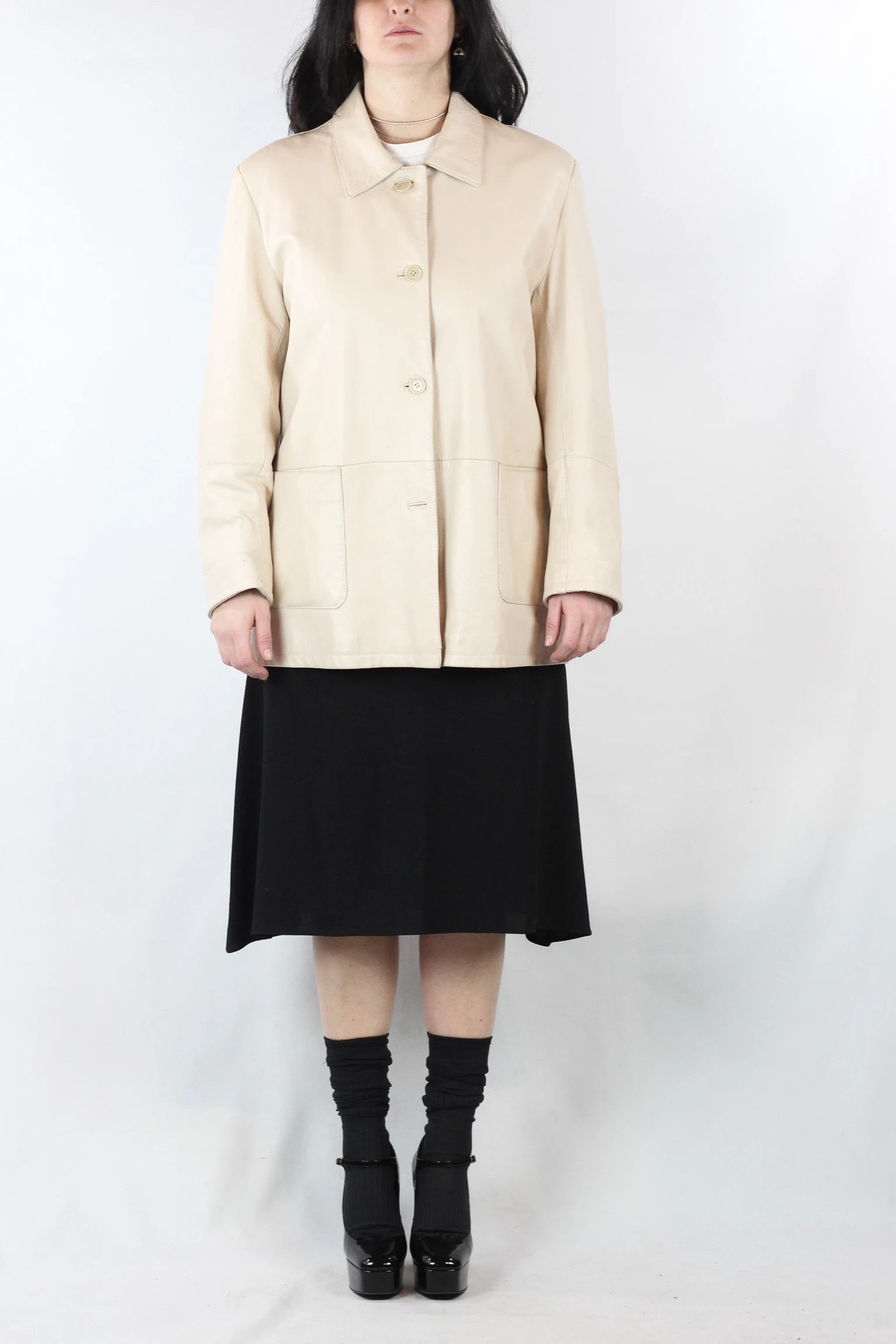 Ecru Leather Jacket with Straight Fit