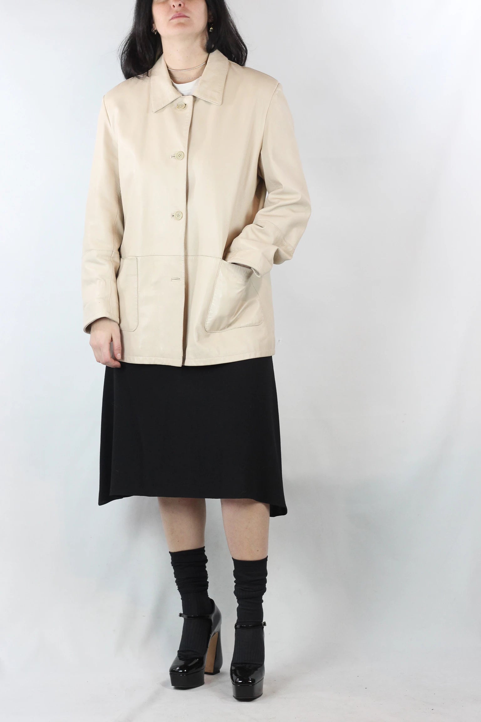 Ecru Leather Jacket with Straight Fit