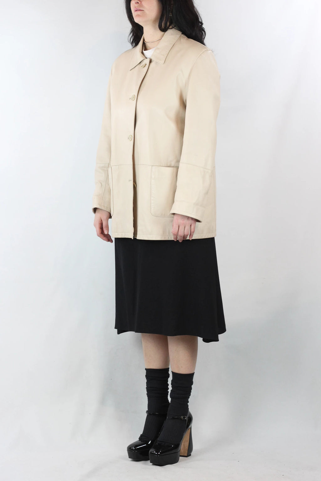 Ecru Leather Jacket with Straight Fit