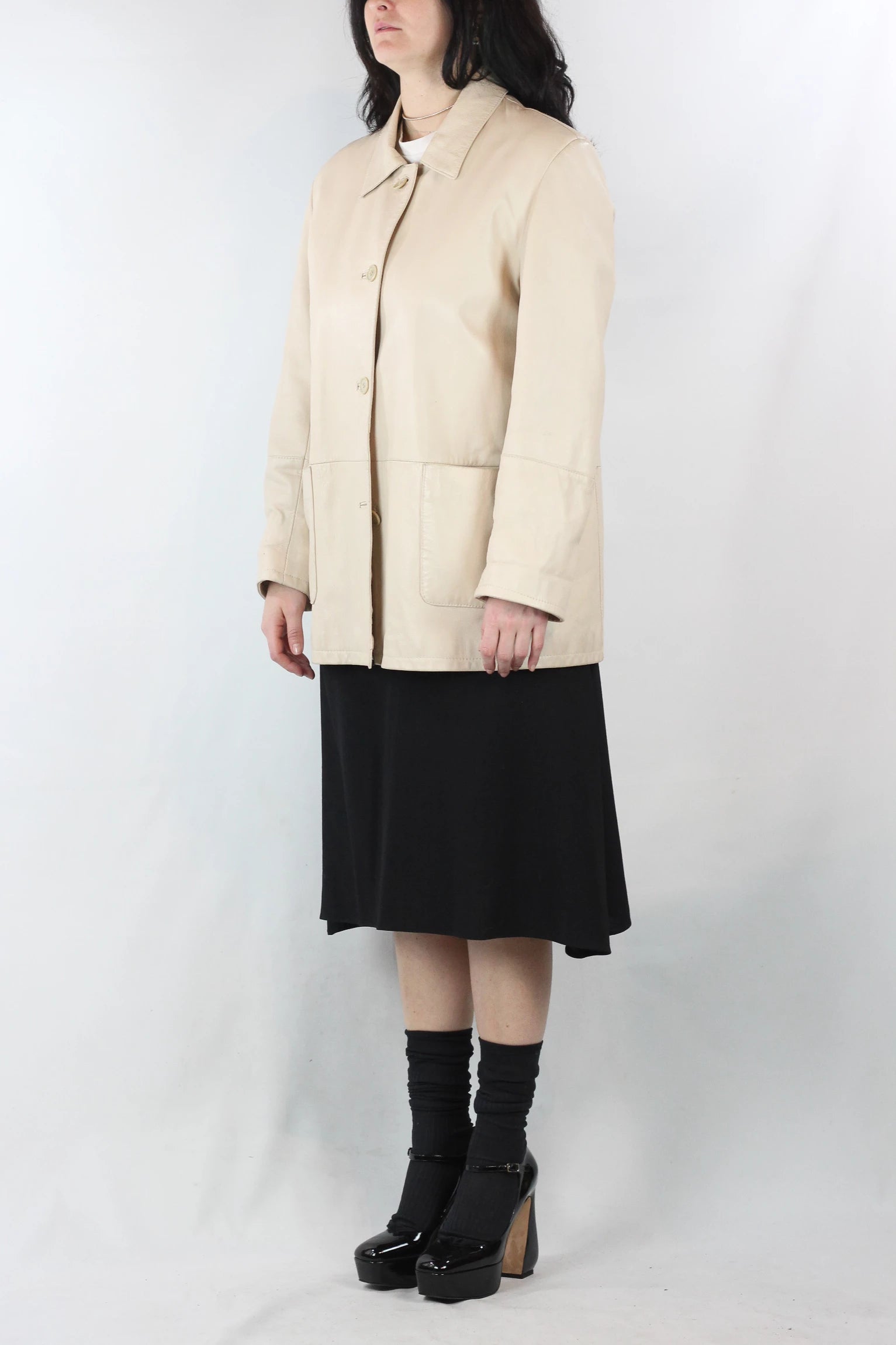 Ecru Leather Jacket with Straight Fit