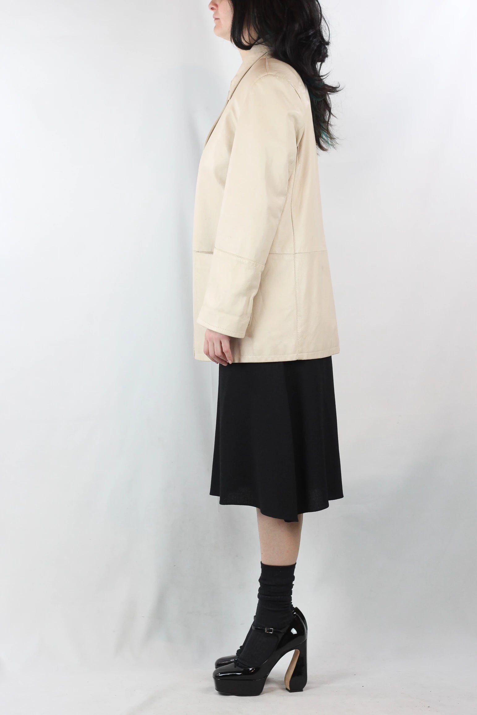 Ecru Leather Jacket with Straight Fit