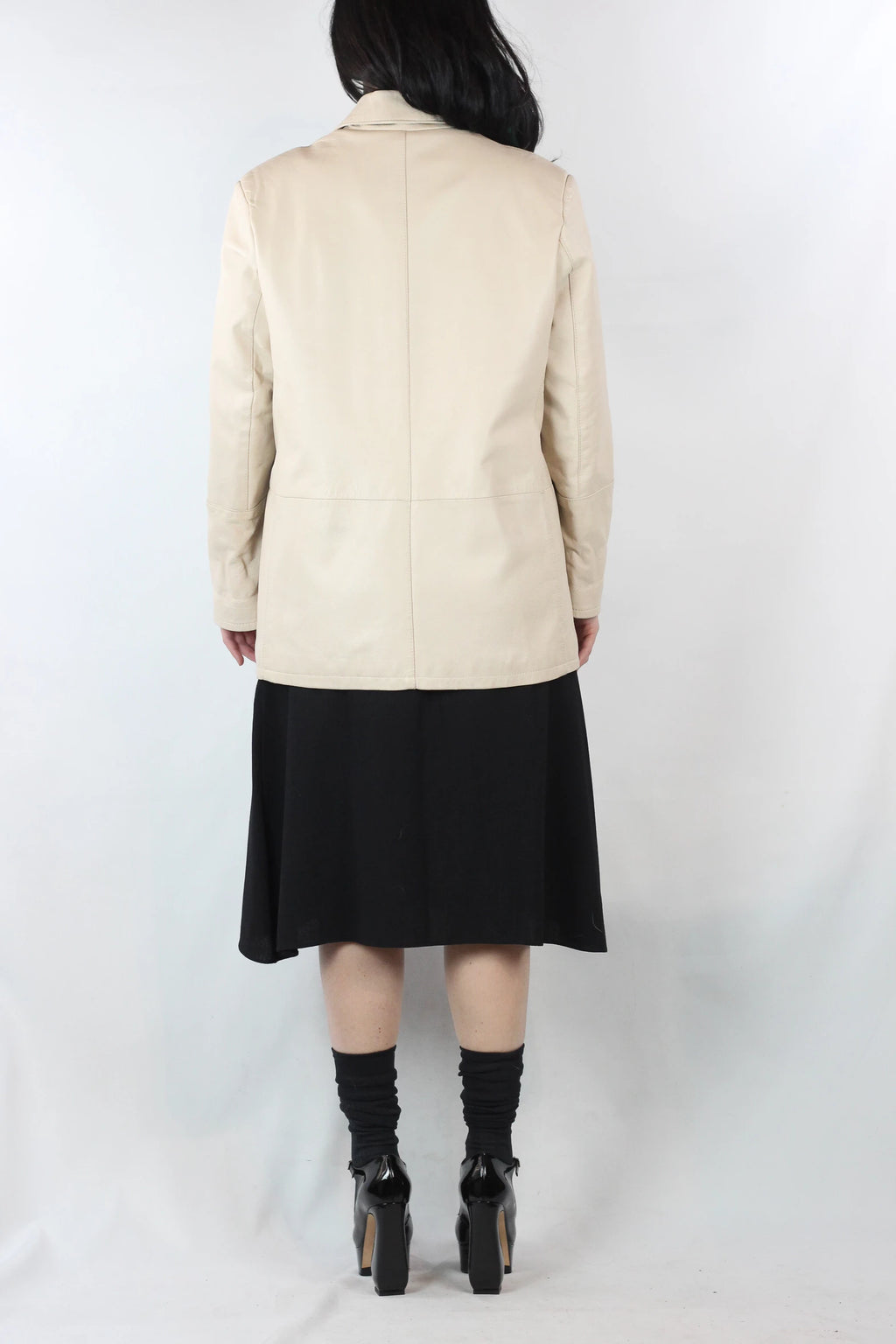 Ecru Leather Jacket with Straight Fit