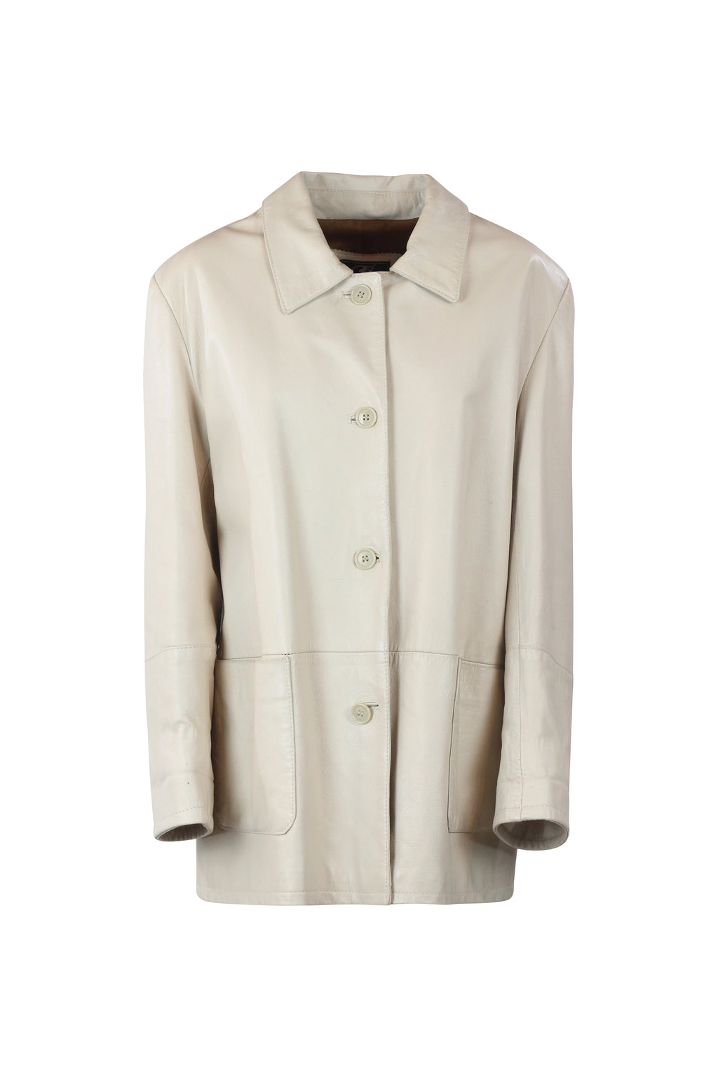 Ecru Leather Jacket with Straight Fit