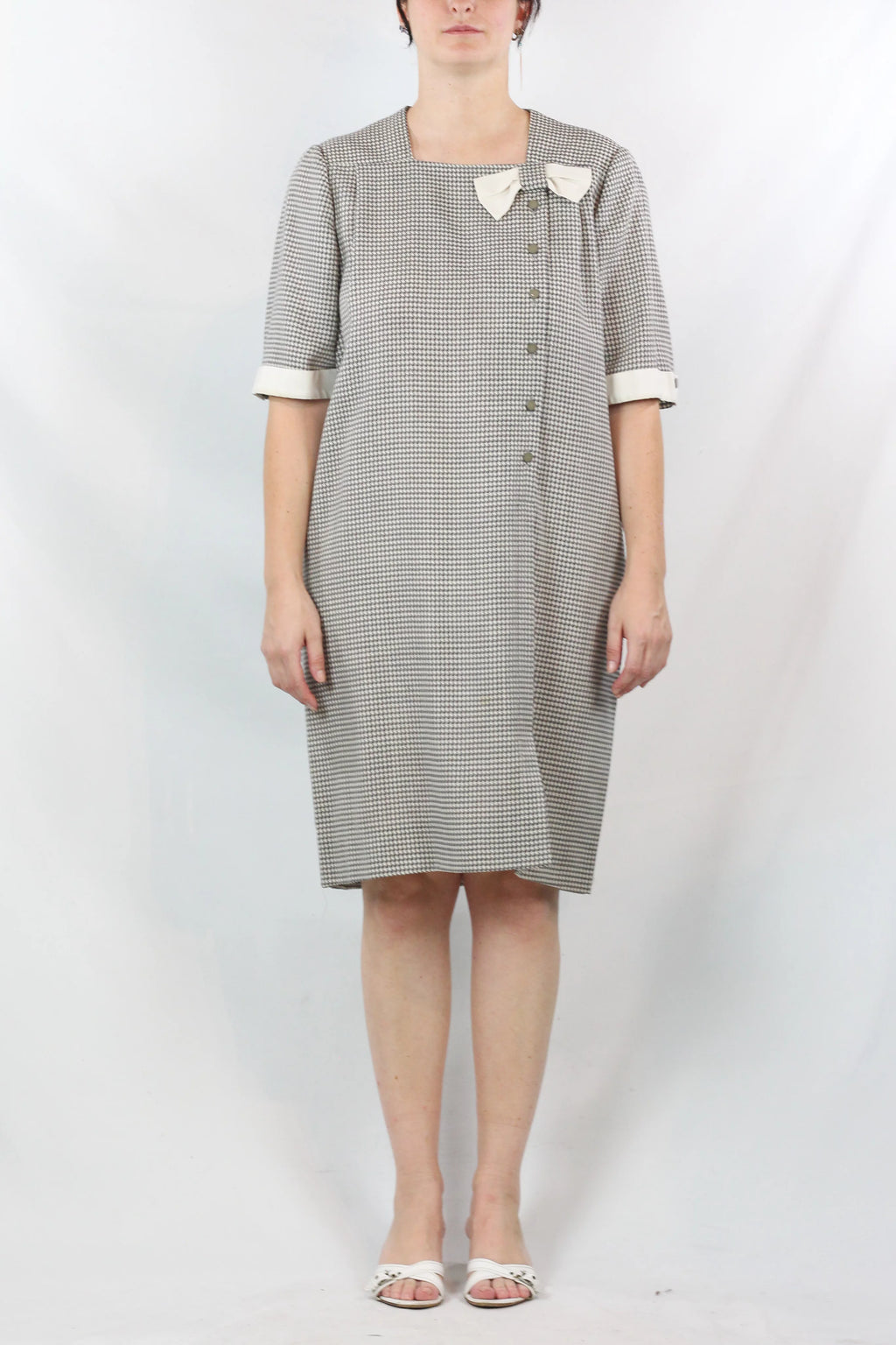 Pied-de-Poule Dress with Ribbon Neckline and Belt