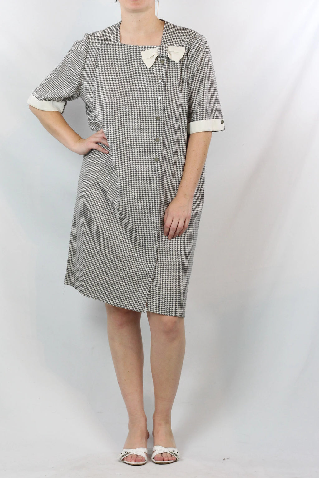Pied-de-Poule Dress with Ribbon Neckline and Belt