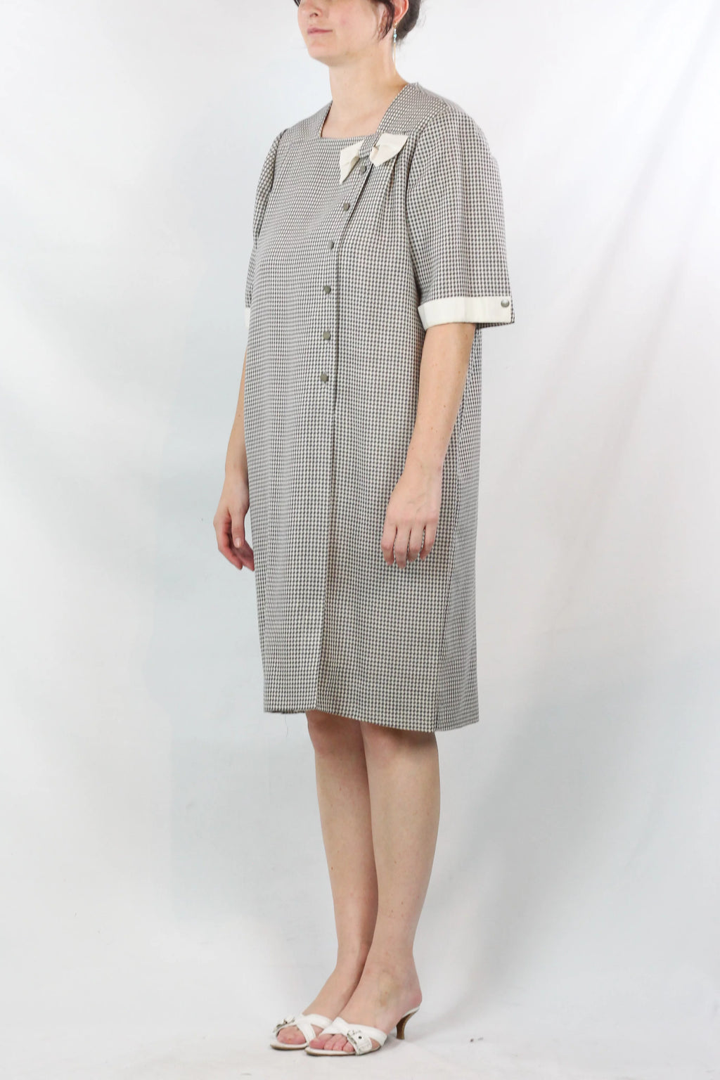 Pied-de-Poule Dress with Ribbon Neckline and Belt