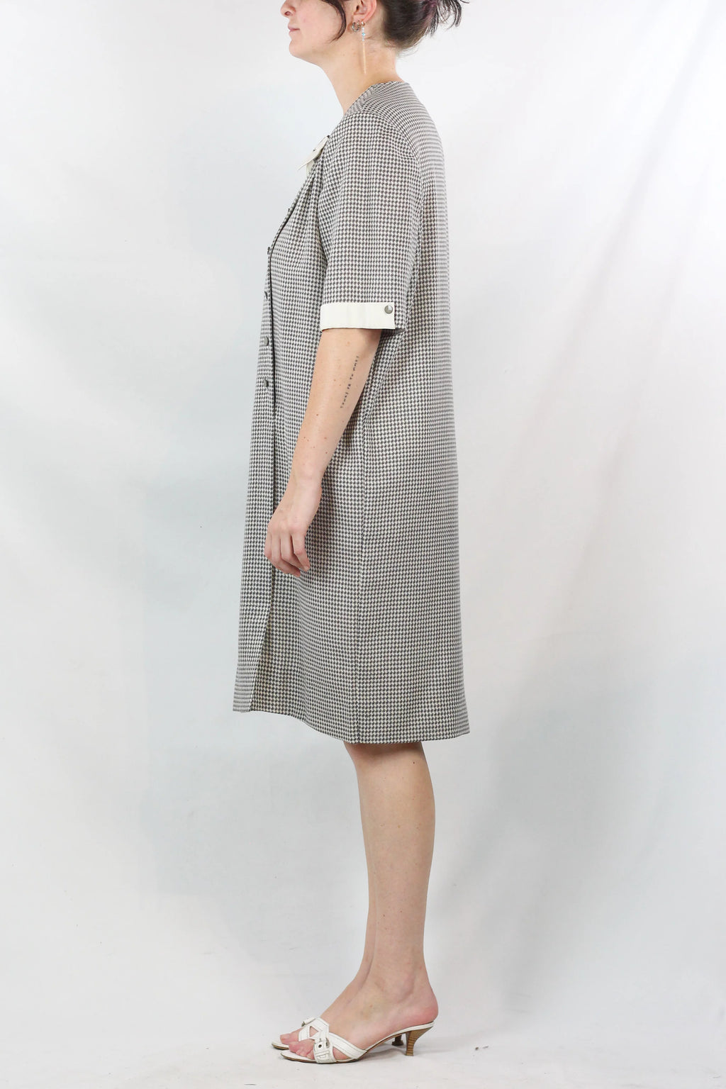 Pied-de-Poule Dress with Ribbon Neckline and Belt