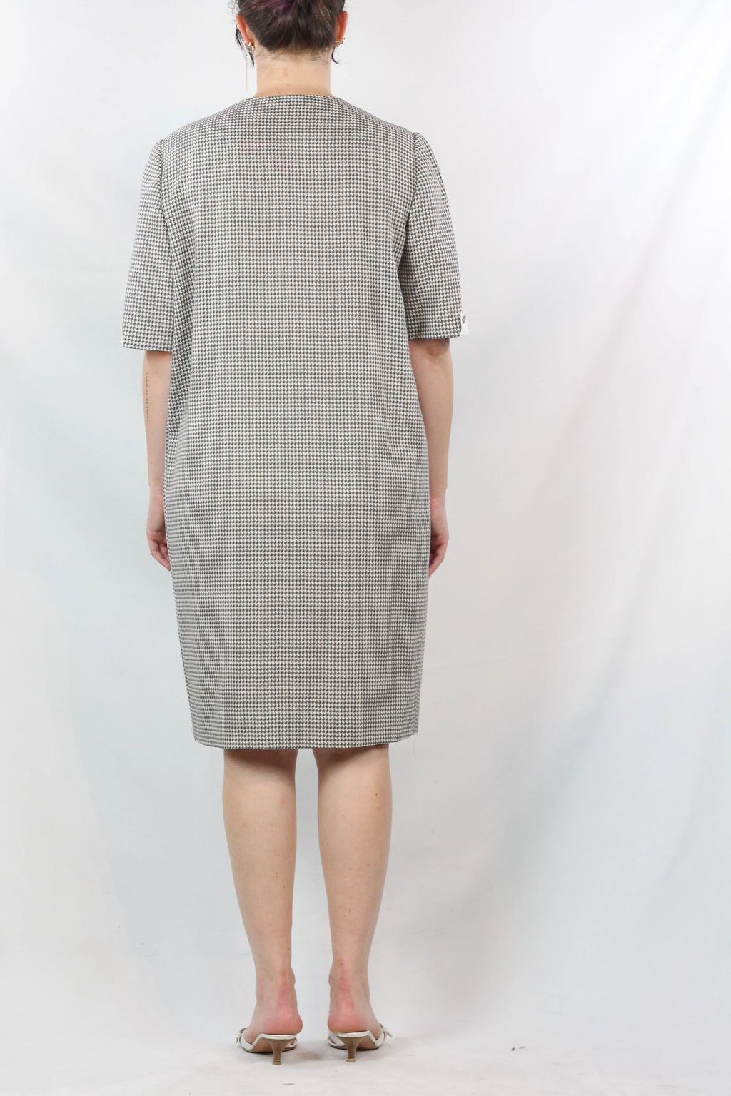 Pied-de-Poule Dress with Ribbon Neckline and Belt
