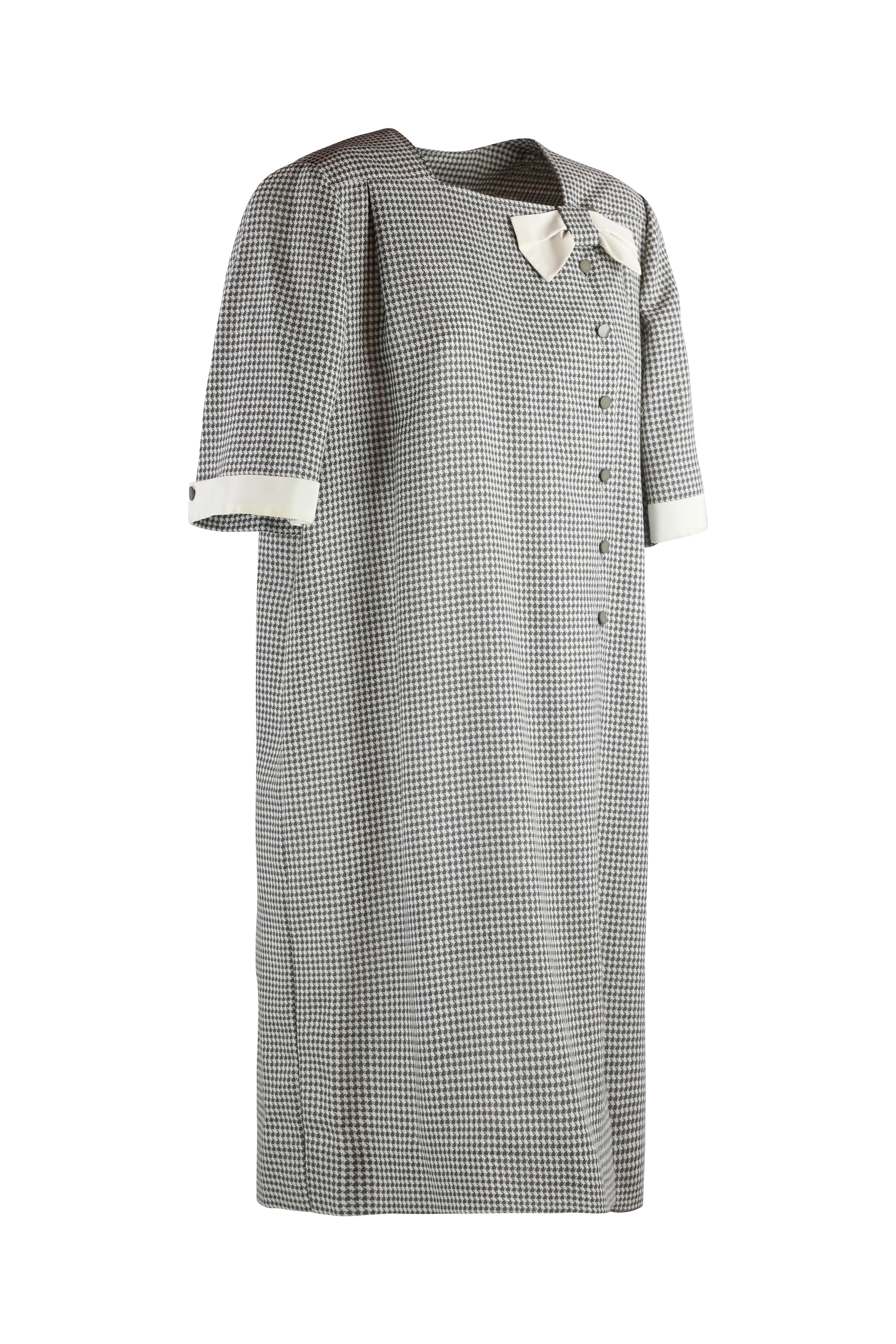 Pied-de-Poule Dress with Ribbon Neckline and Belt