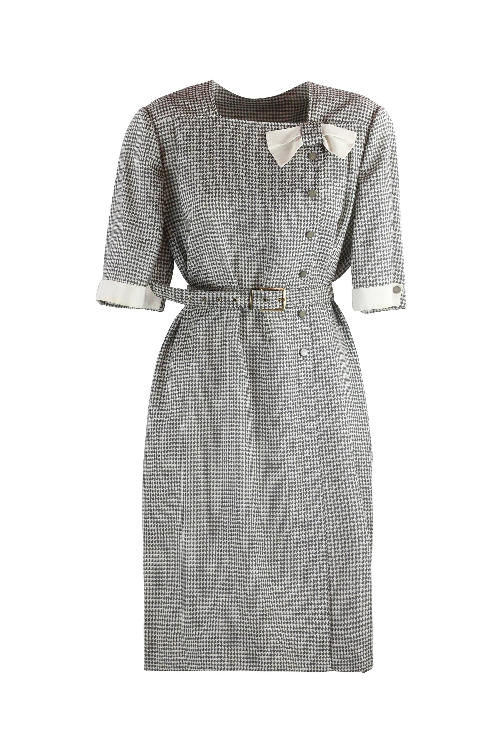 Pied-de-Poule Dress with Ribbon Neckline and Belt