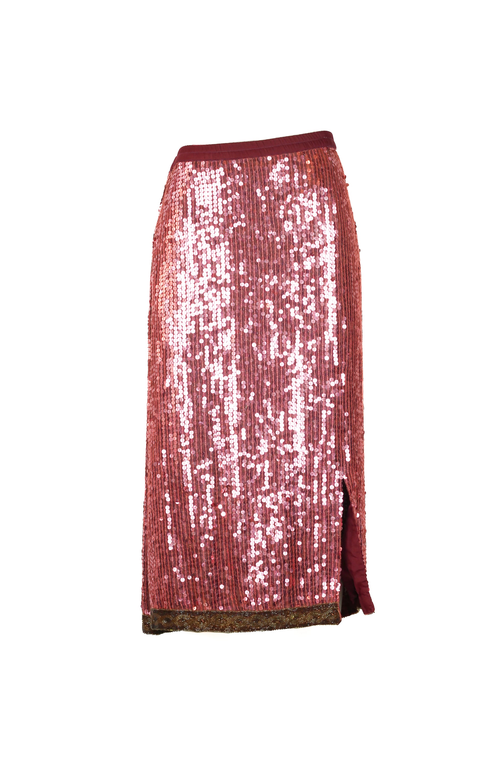 Pink sequin midi skirt with geometric beaded hem