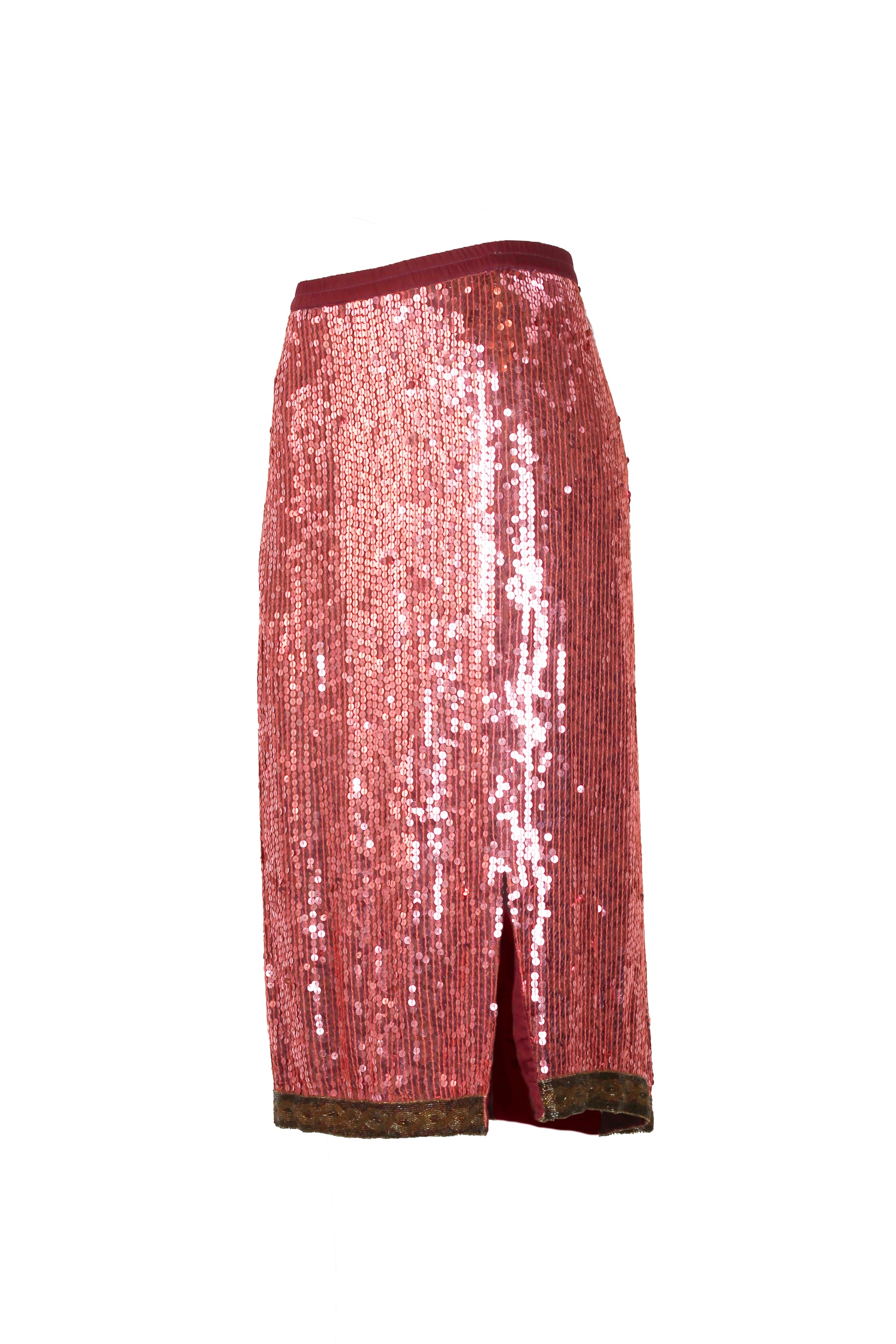 Pink sequin midi skirt with geometric beaded hem